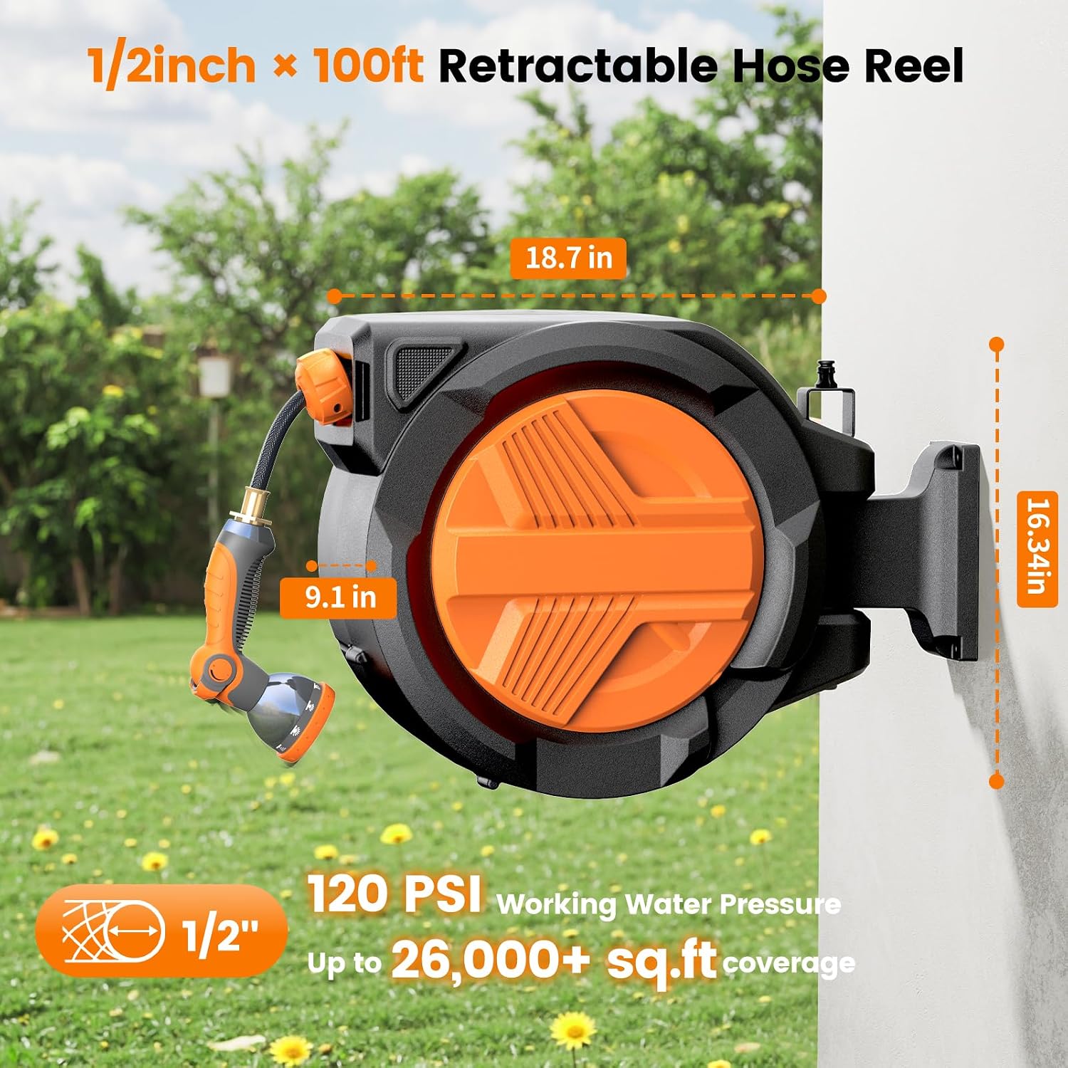 Retractable Garden Hose Reel 1/2” x 100ft, Auto Rewind Hose Reels for Outside, Heavy-Duty Wall-Mounted Outdoor Hose