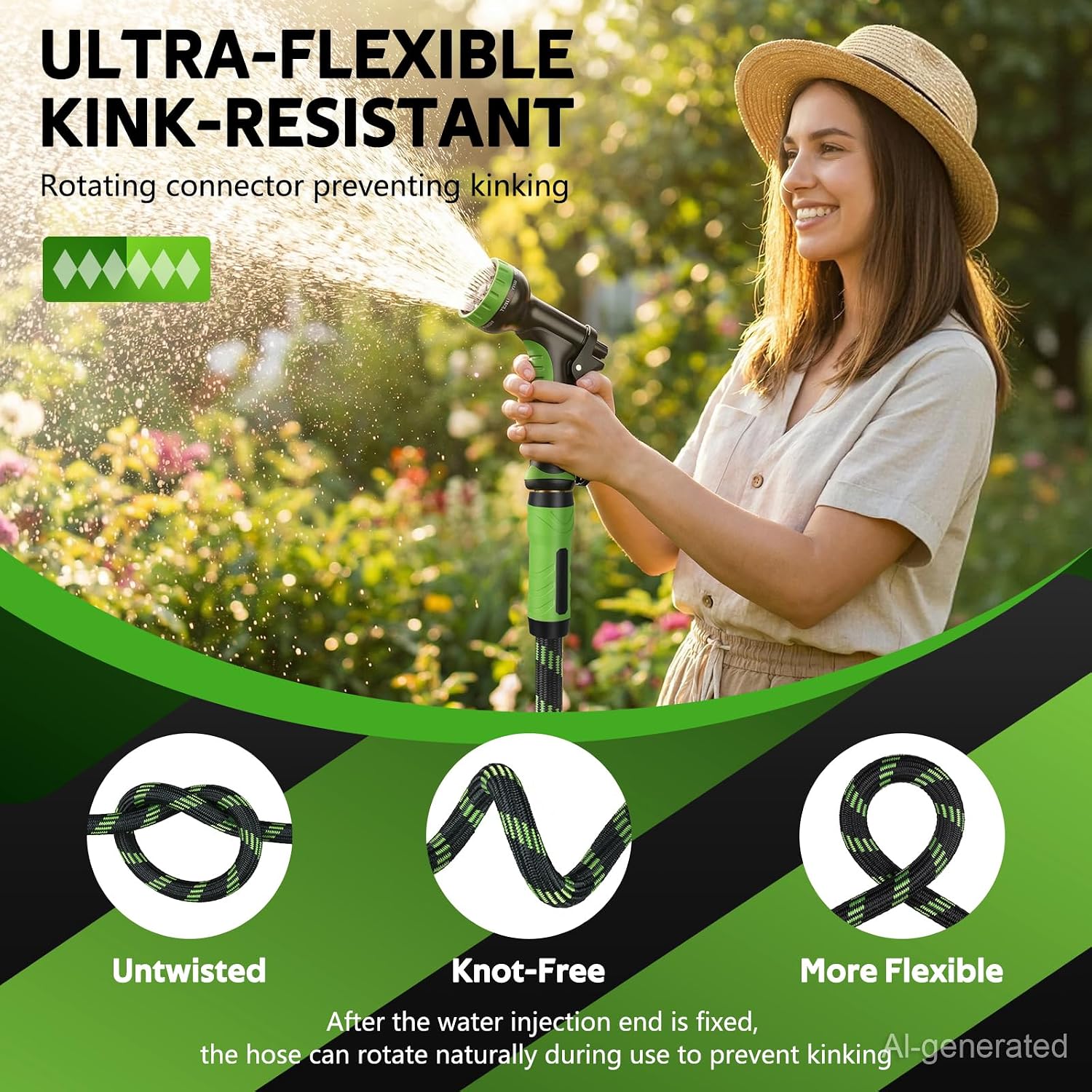 NON-EXPANDABLE Garden Hose 100 FT Water Hose with 10-Function Spray Nozzle | Yard hose Heavy Duty Steel Metal
