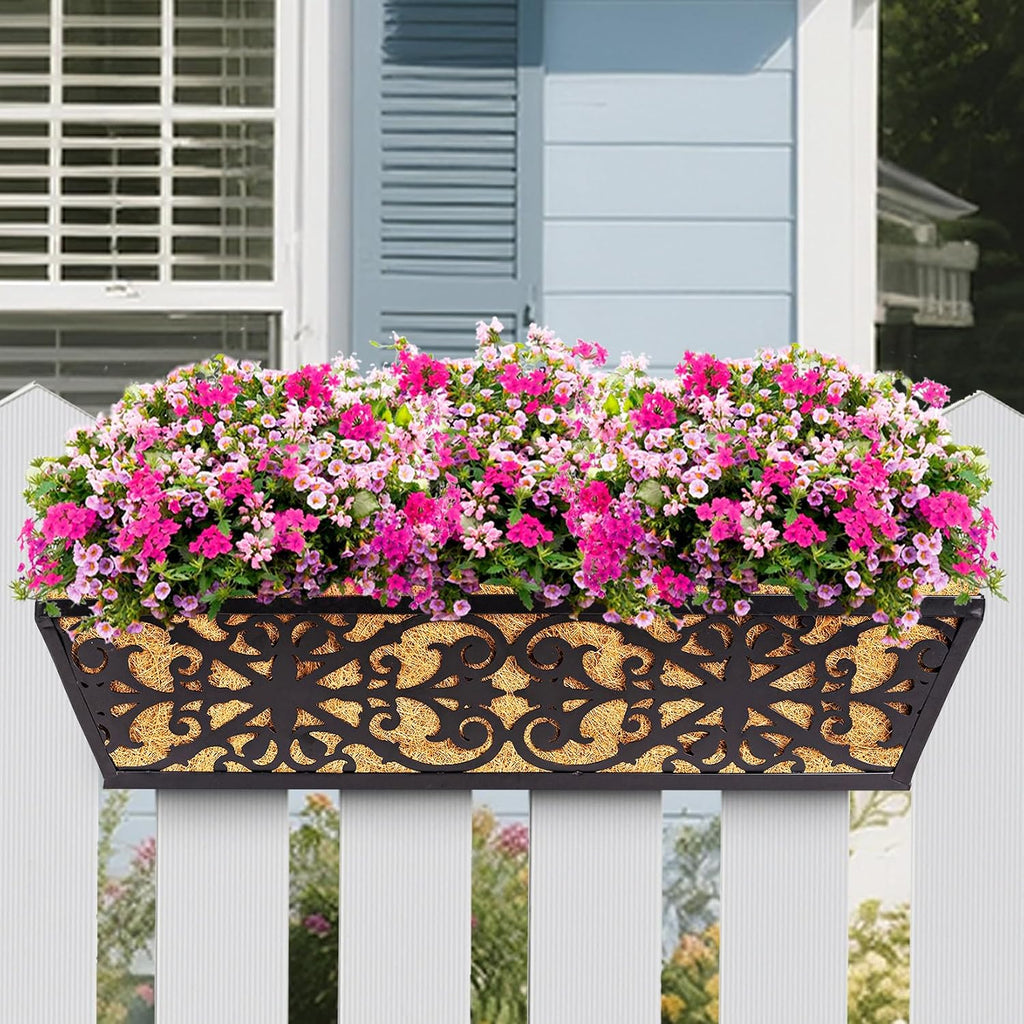 2 Pack 24 Inch Window Boxes Planters Railing Planter Box with Adjustable Brackets & Coco Liners Fabric Plant Grow Bags