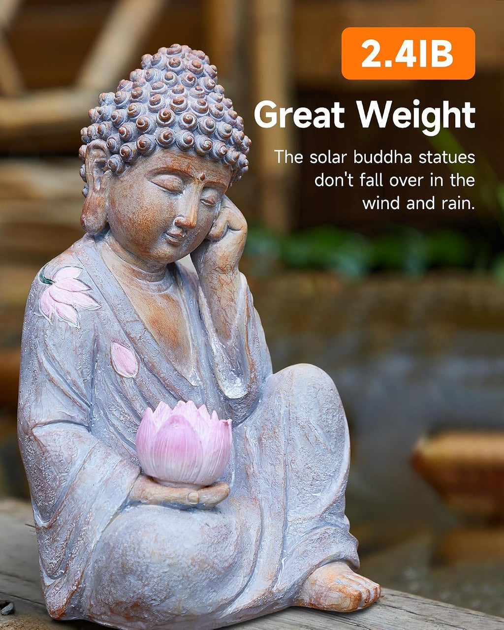 Buddha Statue Outdoor with Lotus Flower Light, IP65 Waterproof Solar Statue Lights, Outdoor Statues for Garden, Zen