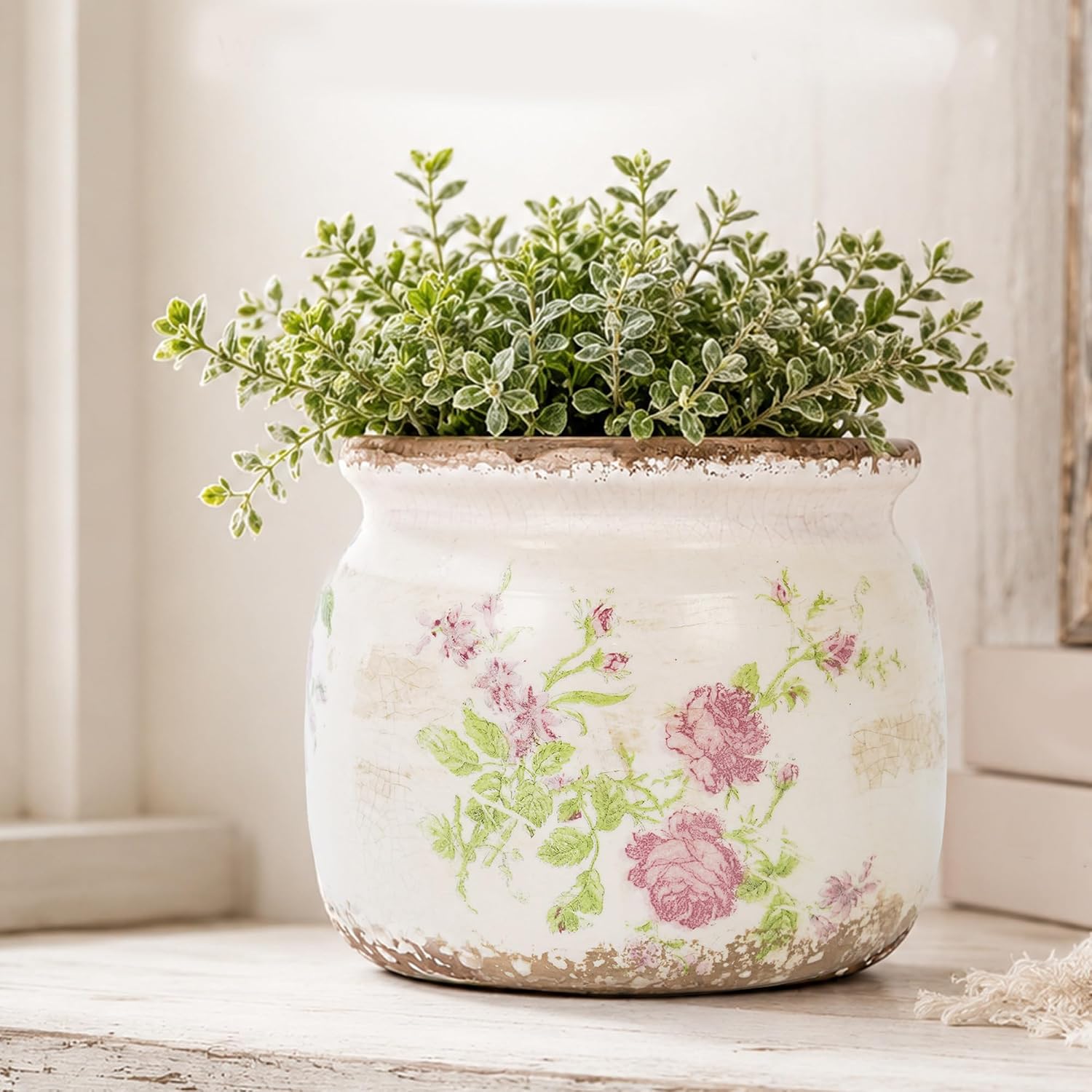 Dosayes Vintage Plant Pot, Pink, 6.29 inch Ceramic Flower Pot | Rustic Floral Design with Crackle Glazed, Farmhouse