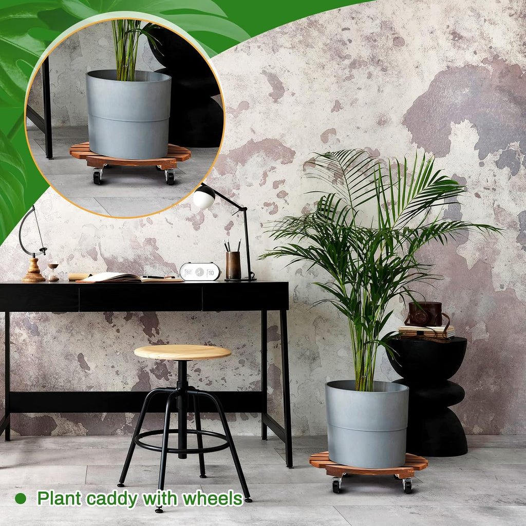 2 Pack 16 Inch Wooden Rolling Plant Caddy, 220 Lbs Lockable Wheels