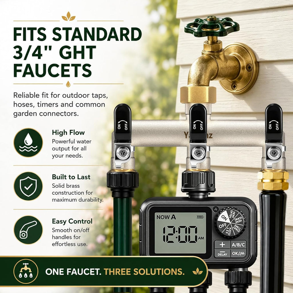 3 Way Garden Hose Splitter, 3/4" GHT Outdoor Faucet Splitter | Heavy-duty Solid Brass Body, Wide Spacing Fits Large