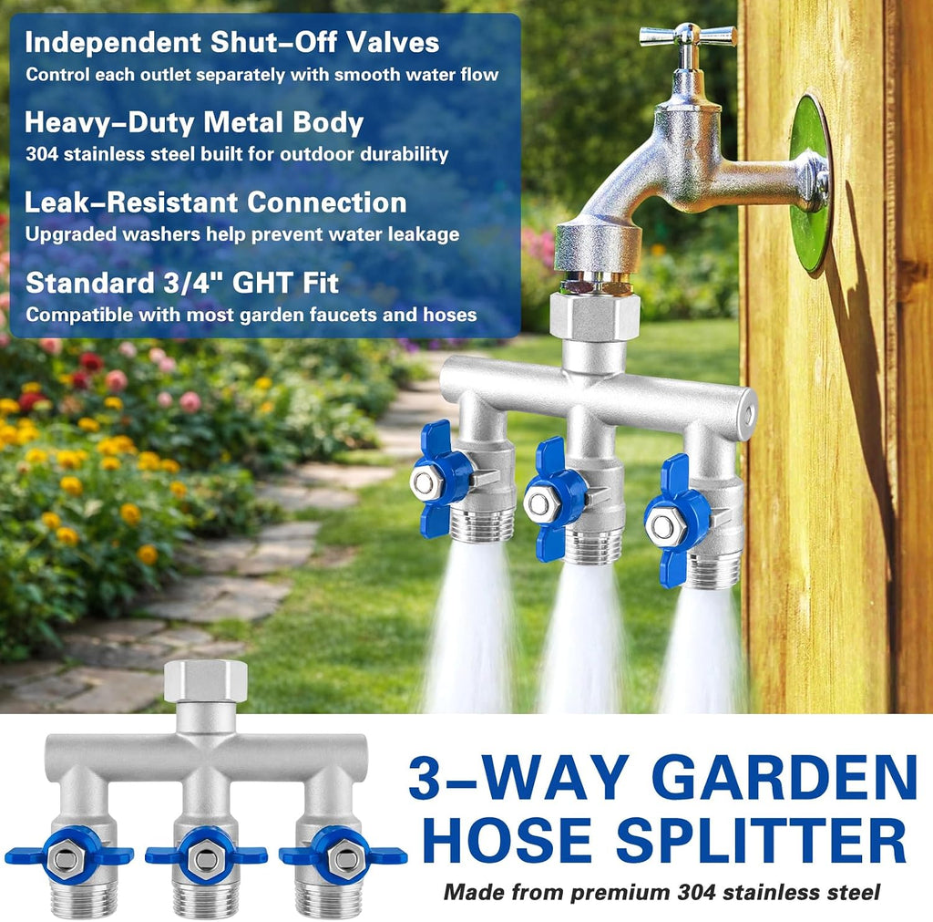 304 Stainless Steel 3 Way Garden Hose Splitter, Heavy Duty Hose Splitter with 3 Shut-Off Valves, 3/4" GHT Outdoor