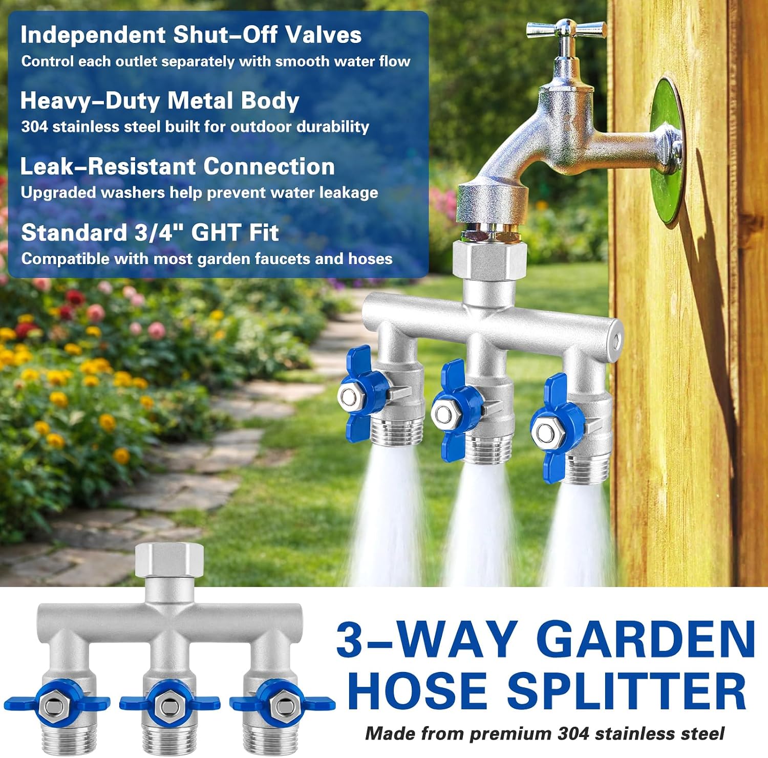 304 Stainless Steel 3 Way Garden Hose Splitter, Heavy Duty Hose Splitter with 3 Shut-Off Valves, 3/4" GHT Outdoor