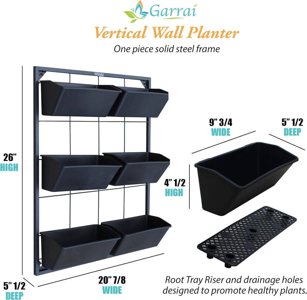 Vertical Wall Planter with 6 Removable Pots for Indoor or Outdoor | Wall mounted planter with metal frame and 6