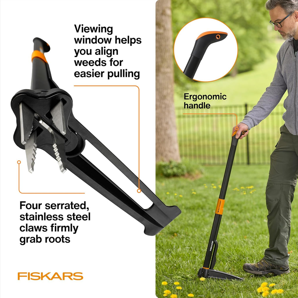 Fiskars Deluxe Stand-Up Weed Puller Tool, 4 Serrated Stainless Steel Claws | Claws Grip Dandelion Roots & More for