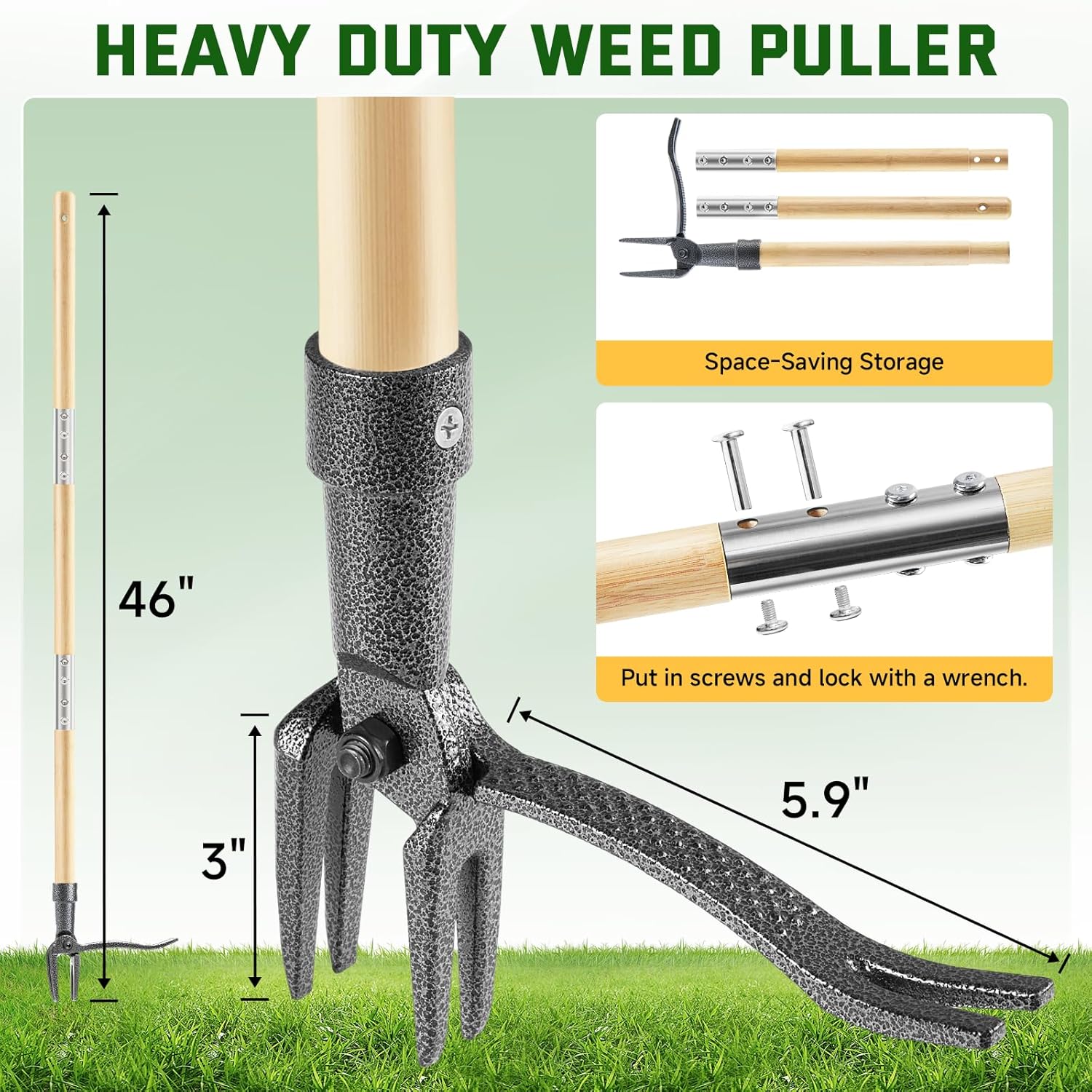 Weed Puller Tool, Stand Up Heavy Duty Weed Remover Tool with Long Handle & 4-Claw Steel Head, Bamboo Garden Hand