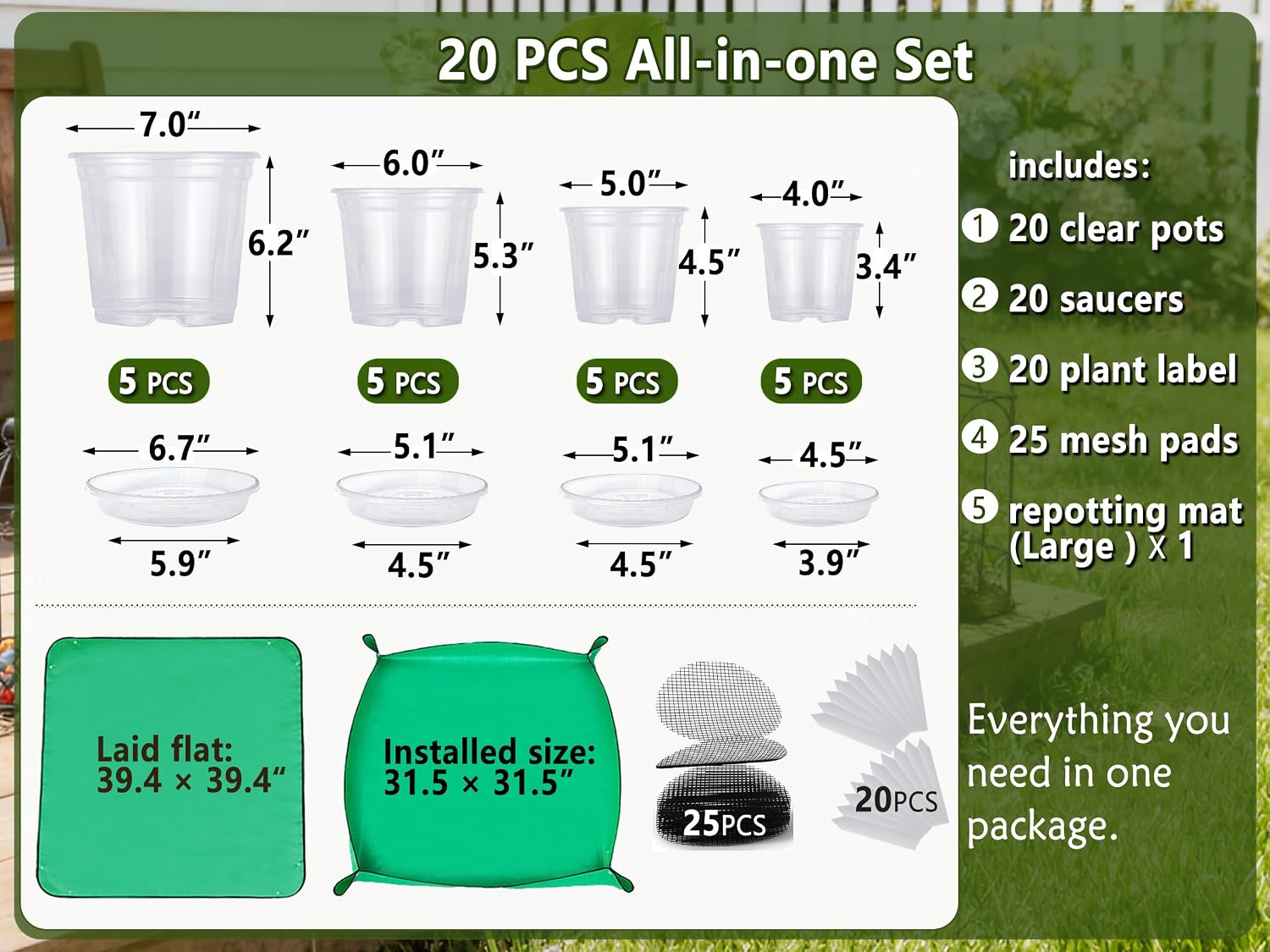 20-Pack Clear Nursery Pots with Saucers & Repotting Mat (4/5/6/7 Inch) – Transparent Plastic Plant Pots with Drainage