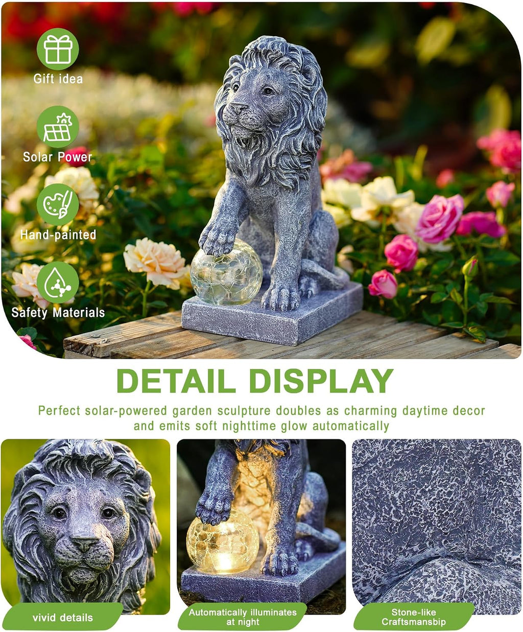 Guardian Lion Outdoor Statues for Garden with Solar Ball (Grey) | 9.45in IP65 Waterproof,Outside Decor, Yard Art Lawn