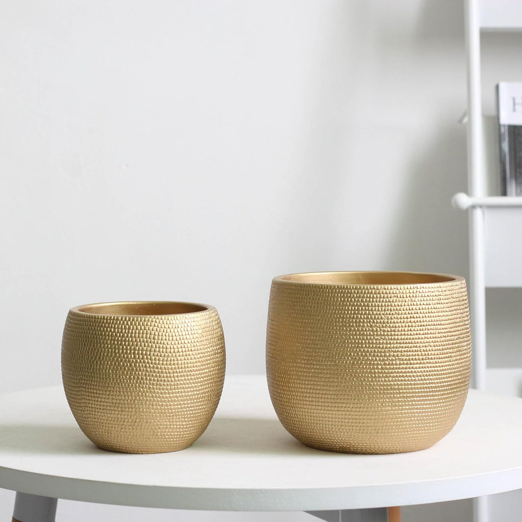 Olly & Rose Barcelona Ceramic Plant Pot Set 2 - Gold Flower Pots - Indoor & Outdoor Planters Home and Garden Decor