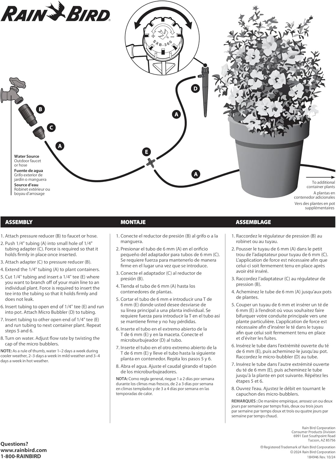 Rain Bird POTTEDKIT Drip Irrigation Kit, Full Circle, 1/4"