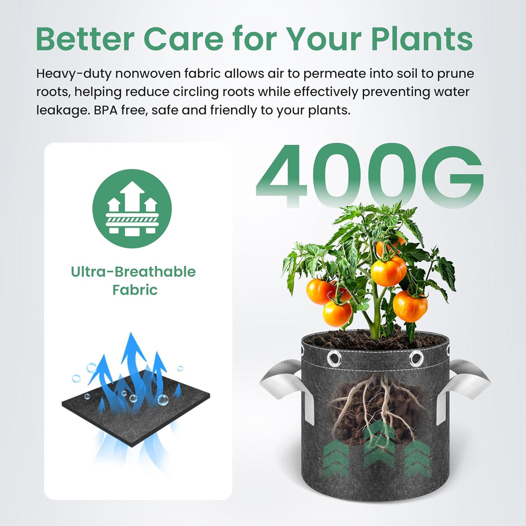 InfiniPower 5 Pack 7 Gallon Plant Grow Bags, 400G Thick Nonwoven Fabric Pots with Multi-Purpose Rings and Handles