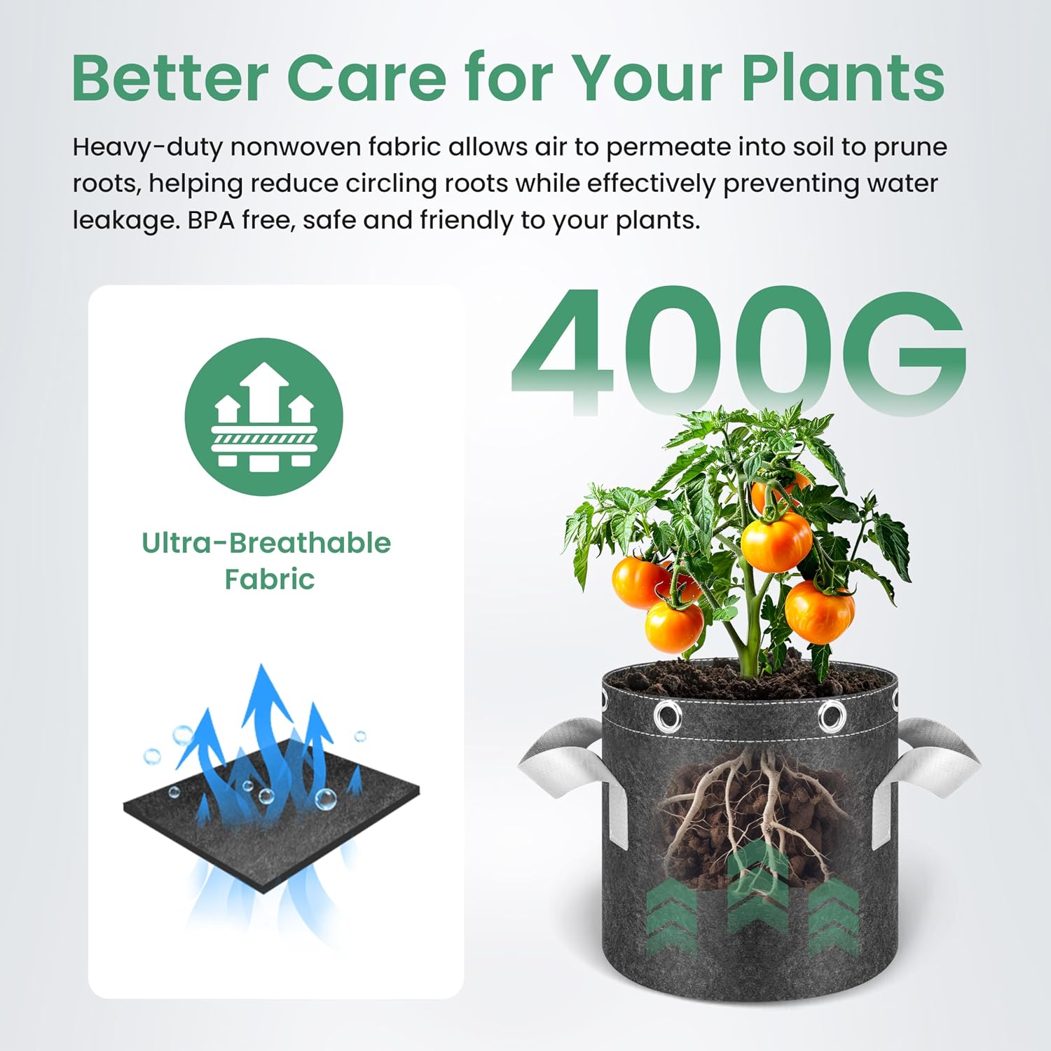 InfiniPower 5 Pack 7 Gallon Plant Grow Bags, 400G Thick Nonwoven Fabric Pots with Multi-Purpose Rings and Handles
