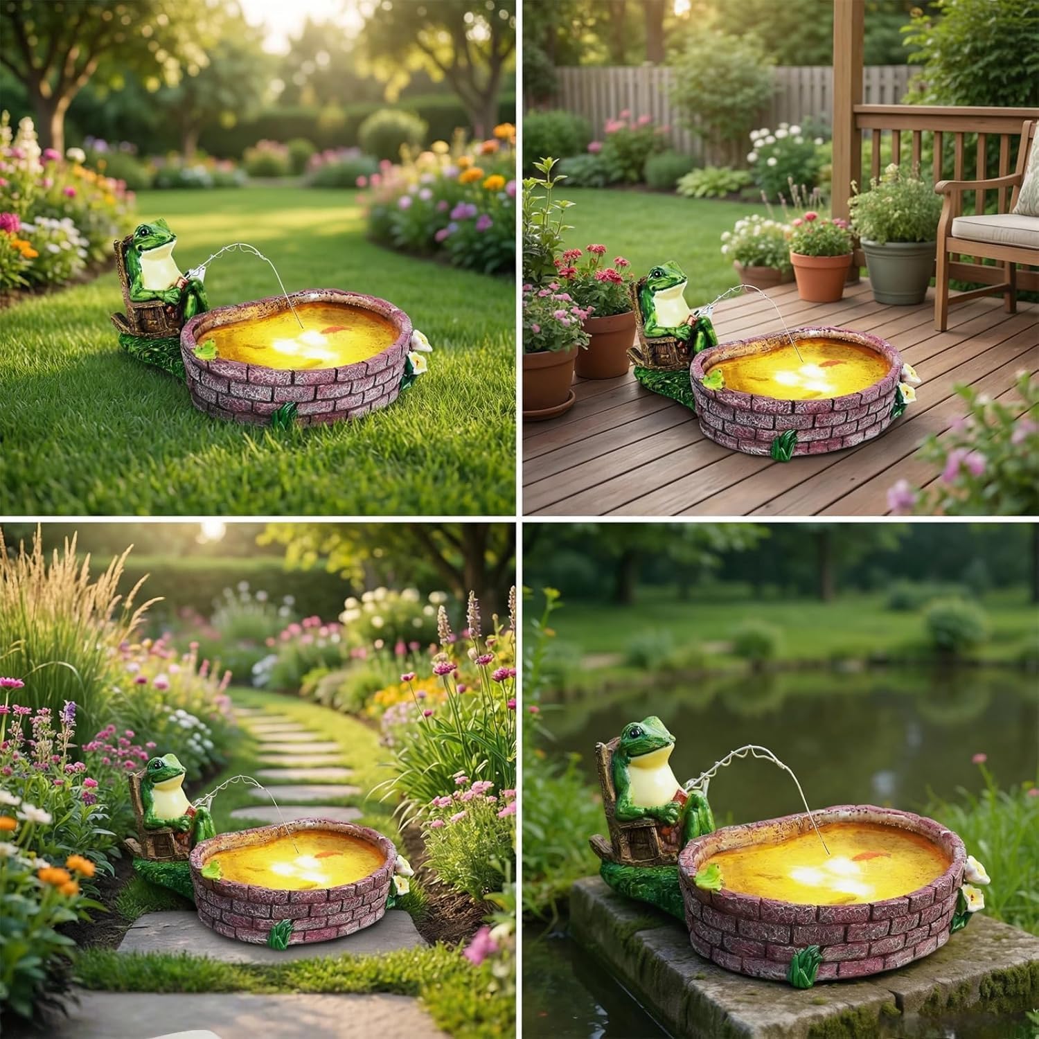 Solar Frog Fishing Statue Frog Garden Decor Lawn Ornament | Made Of Weather-Resistant Resin，Solar-Powered Led-Lit Fish