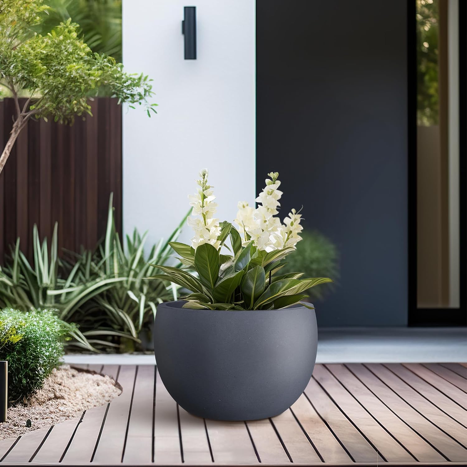 Kante Small Round Bowl Charcoal Concrete Planter 11.8" Dia, Outdoor | Rubber Plug for Indoor, Drainage for Garden