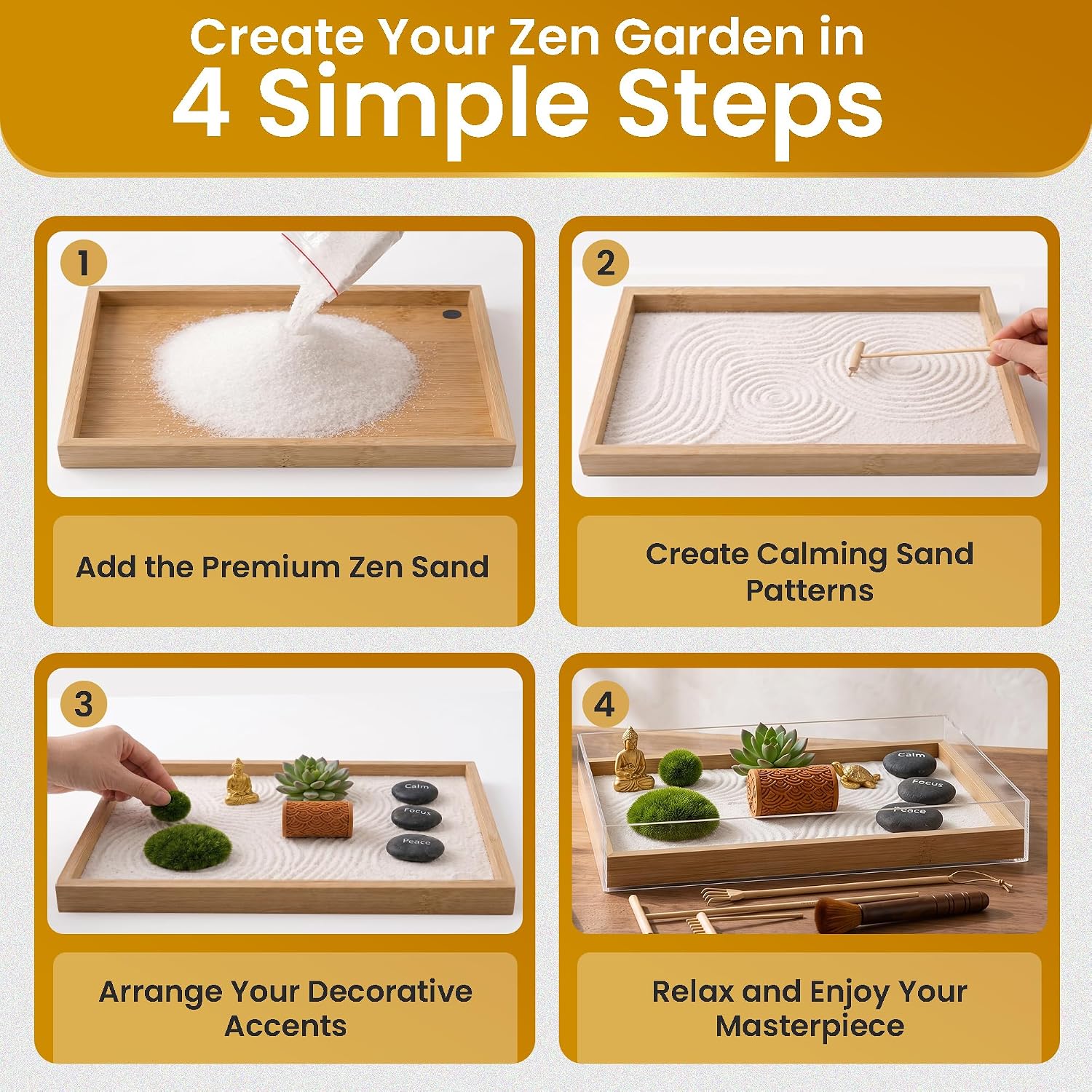 Zen Garden Kit 13″ x 8.2″ Large Zen Garden for Desk with Bamboo Sand Tray | 15 Accessories & 6 Tools, Japanese Decor
