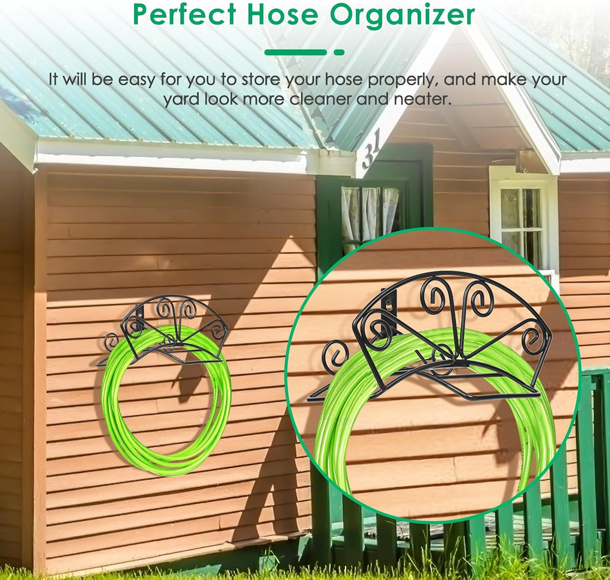 TomCare Garden Hose Holder, Heavy Duty 150 ft Capacity Hose Hanger | 7 mm Solid Metal Rod, One-Piece Welded Decorative