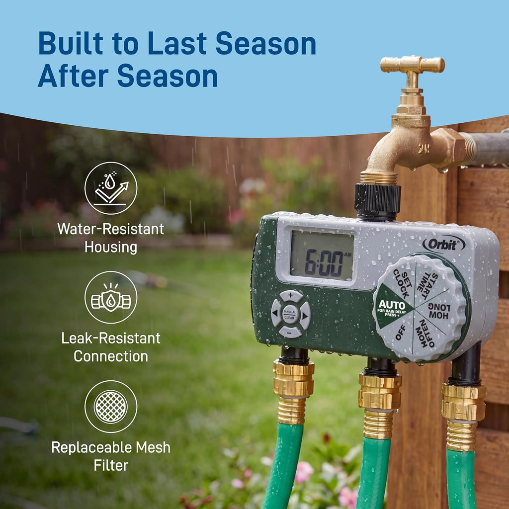 Orbit Programmable Digital Hose Watering Timer - 3 Outlet - Battery Powered - with LCD Screen - Built-in Rain Delay