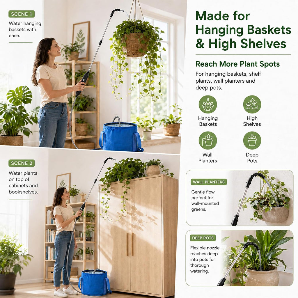 Electric High Reach Plant Waterer with Foldable Bucket, Telescoping Wand | Foldable Bucket, Long Intake Hose - Portable