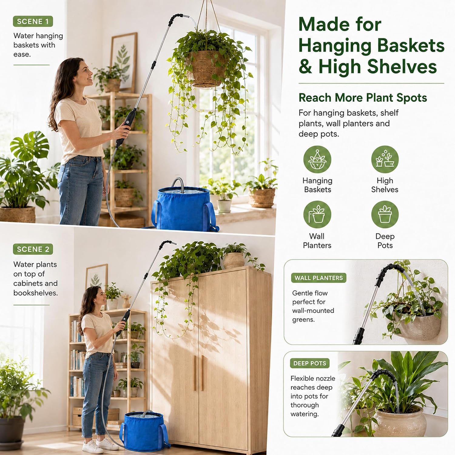 Electric High Reach Plant Waterer with Foldable Bucket, Telescoping Wand | Foldable Bucket, Long Intake Hose - Portable