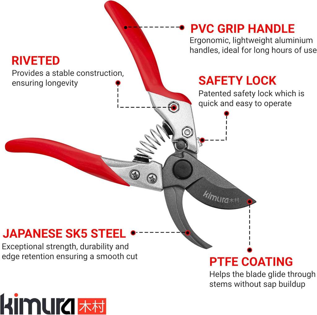 Kimura® 8" Pro Bypass Pruning Shears, Heavy Duty Japanese SK5 Steel Blades, 1 inch Cut Capacity, Non-Slip PVC Coated