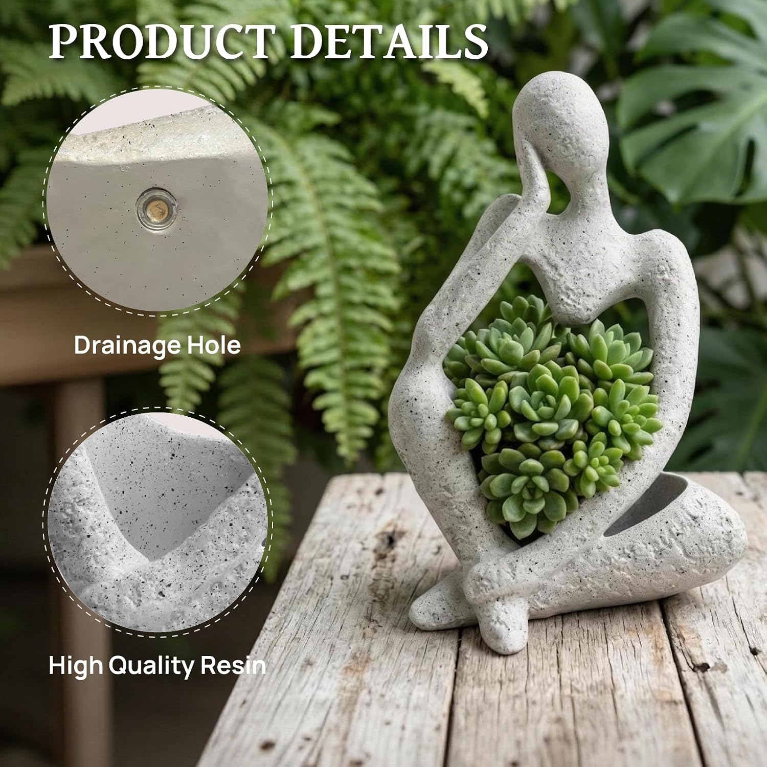 Large Resin Thinker Head Planter Pot with Drainage Hole Unique Indoor Outdoor Flower Pot for Succulents Cacti and Home