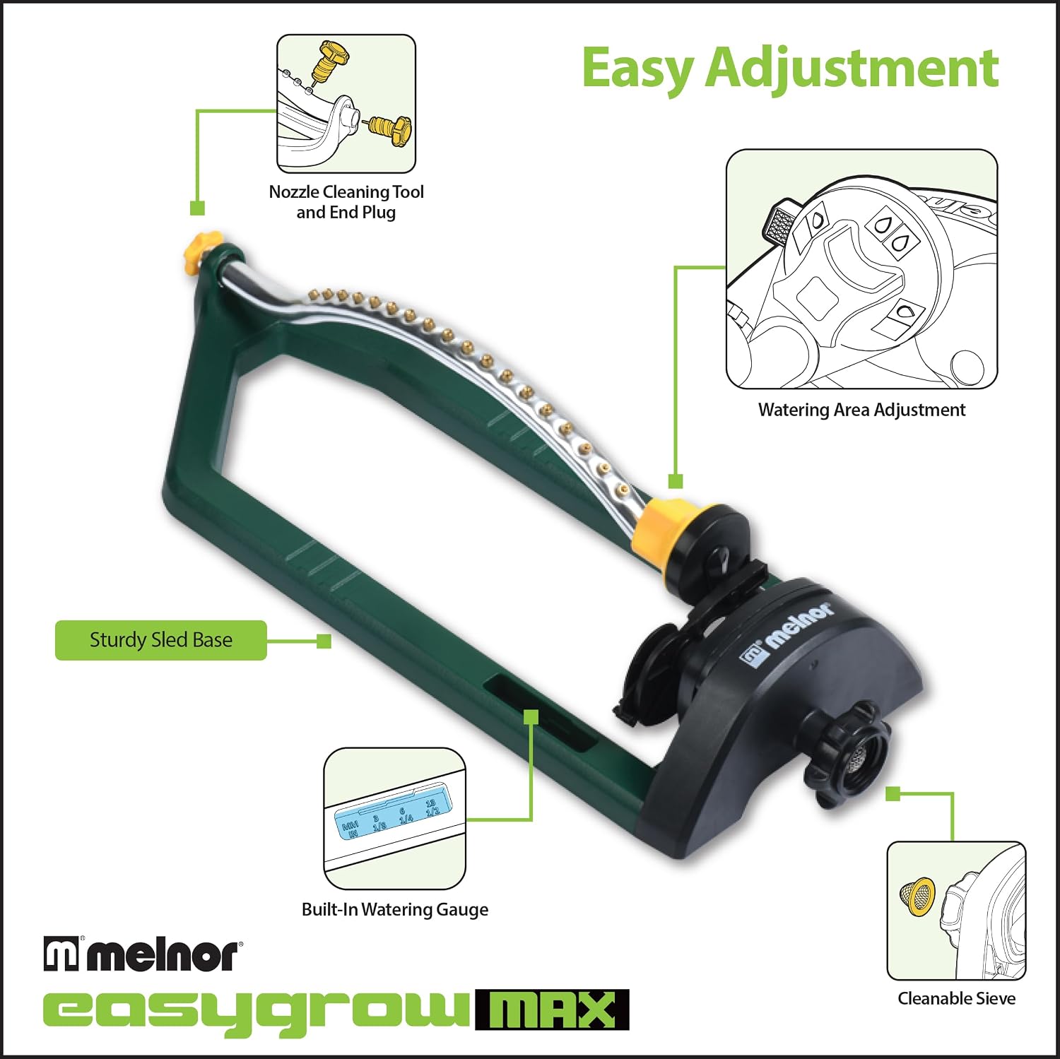Melnor 65149AMZ Oscillating Sprinkler, 18 Precision Brass Nozzles, Adjustable Coverage, Waters Up to 3,400 Sq. Ft.