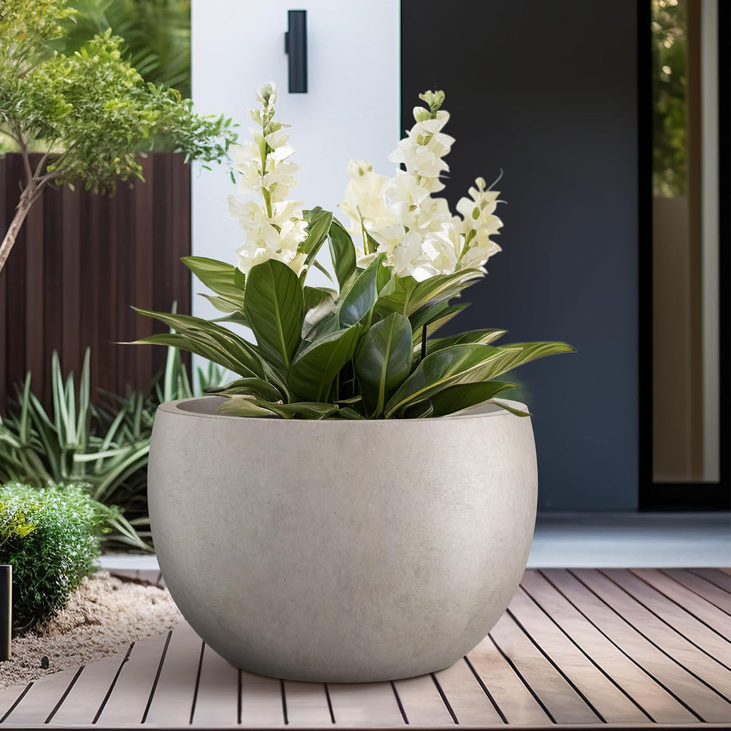 Kante Large Round Bowl Weathered Concrete Planter 20" Dia, Outdoor | Rubber Plug for Indoor, Drainage for Garden