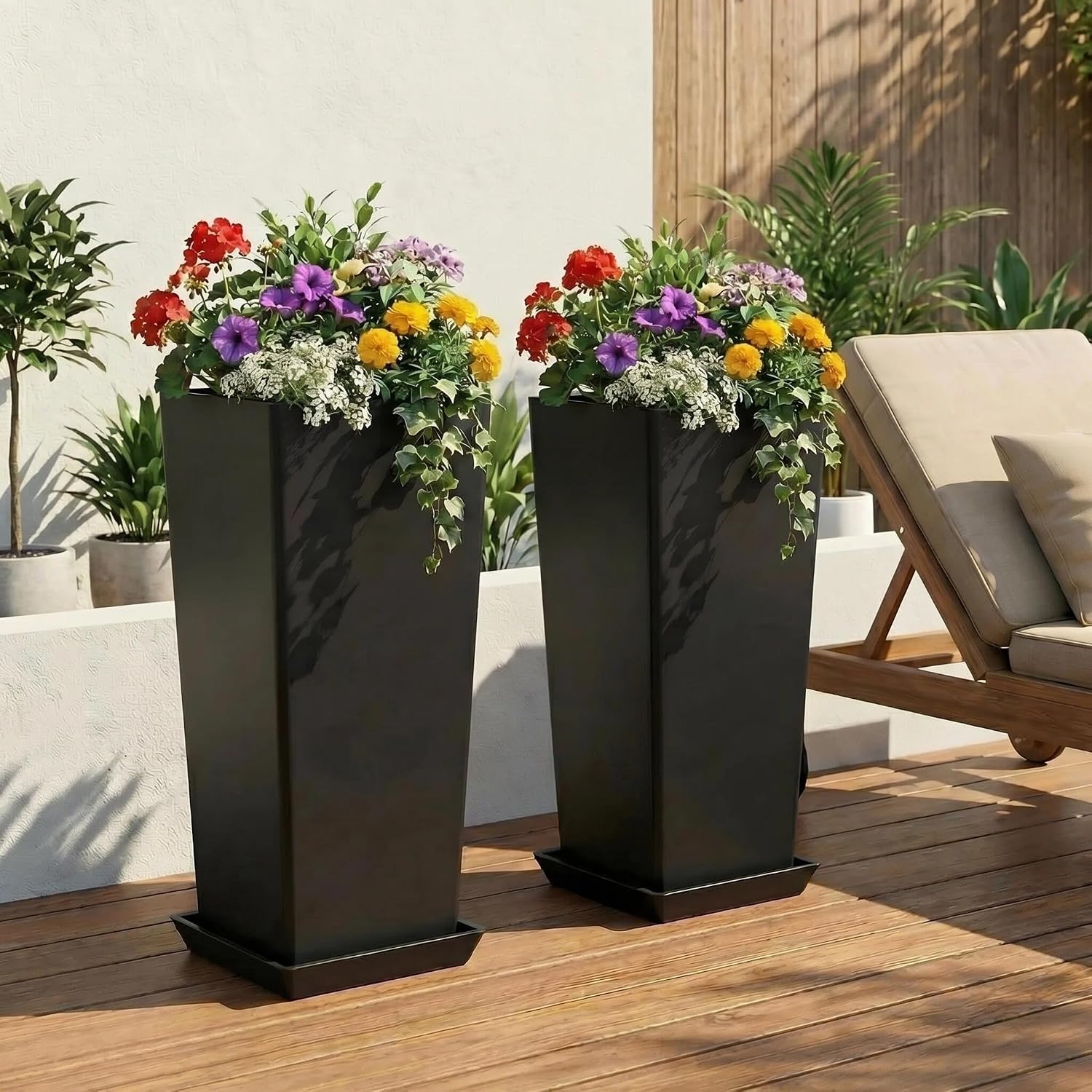FENCY Set of 2 Tall Planters for Outdoor Plants, Black | 24 Inch Plant Pots with Drainage Hole & Trays, Plastic Tapered