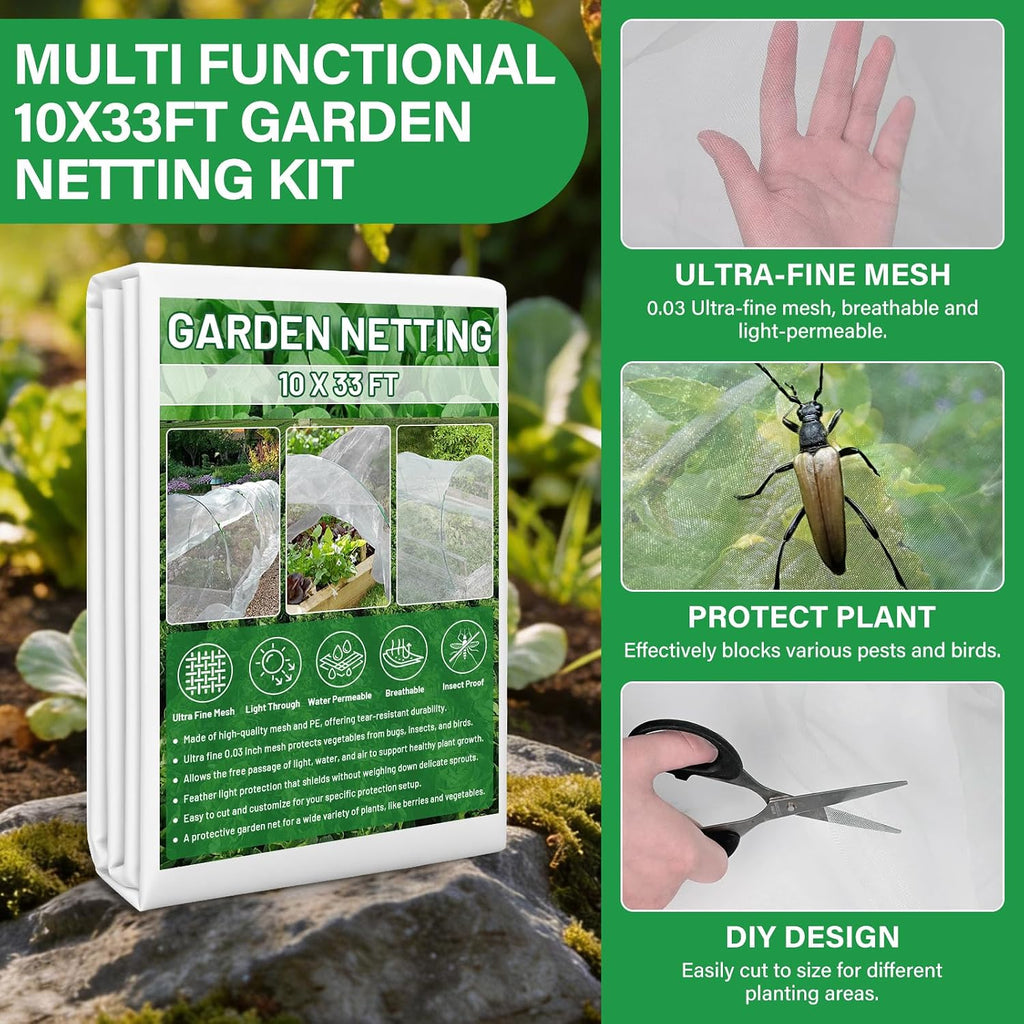 Garden Mesh Netting Kit for Raised Beds, 10x33FT Ultra Fine Mesh Netting&6 Sets 8FT Fiberglass Garden Hoops, Insect