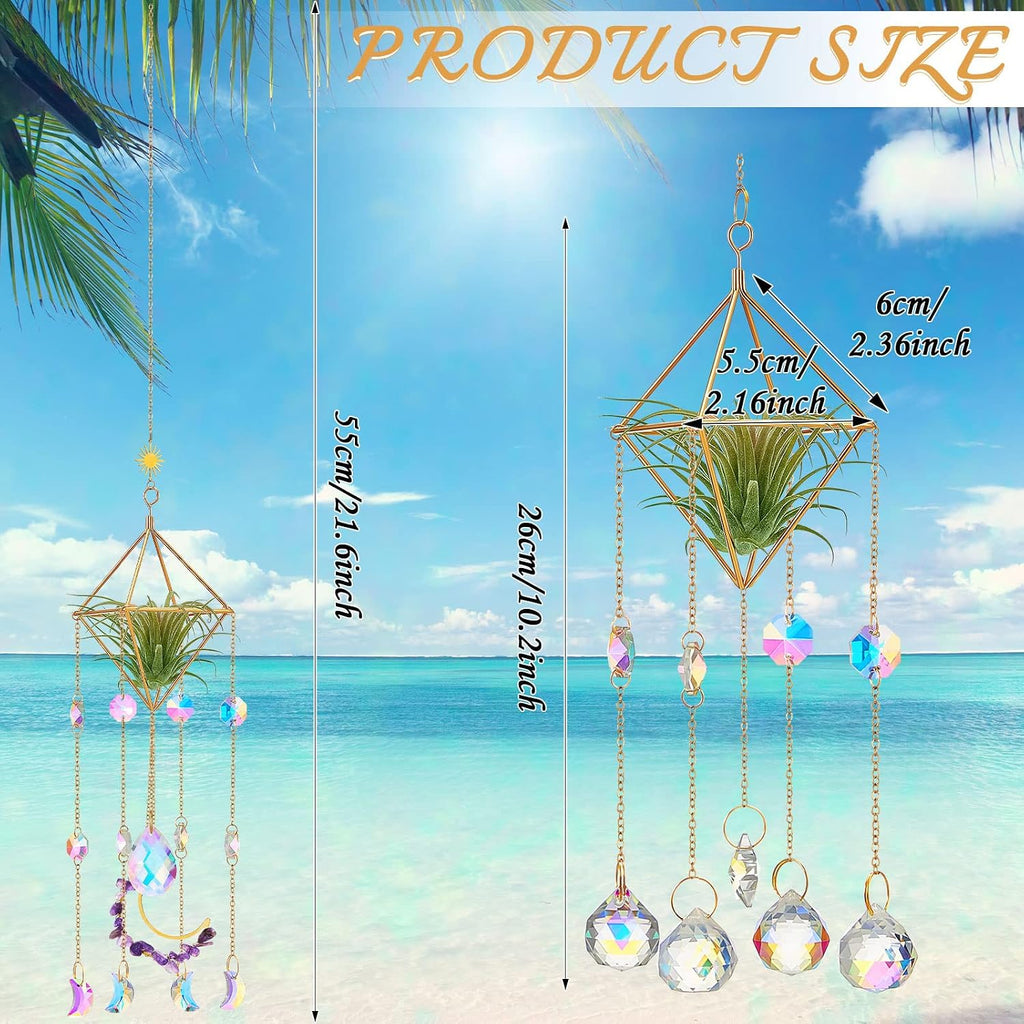 Yookeer 3 Pcs Hanging Air Plant Holder Rustic Style Air Plant Rack Hanger with Crystal Pendant and Chain Golden