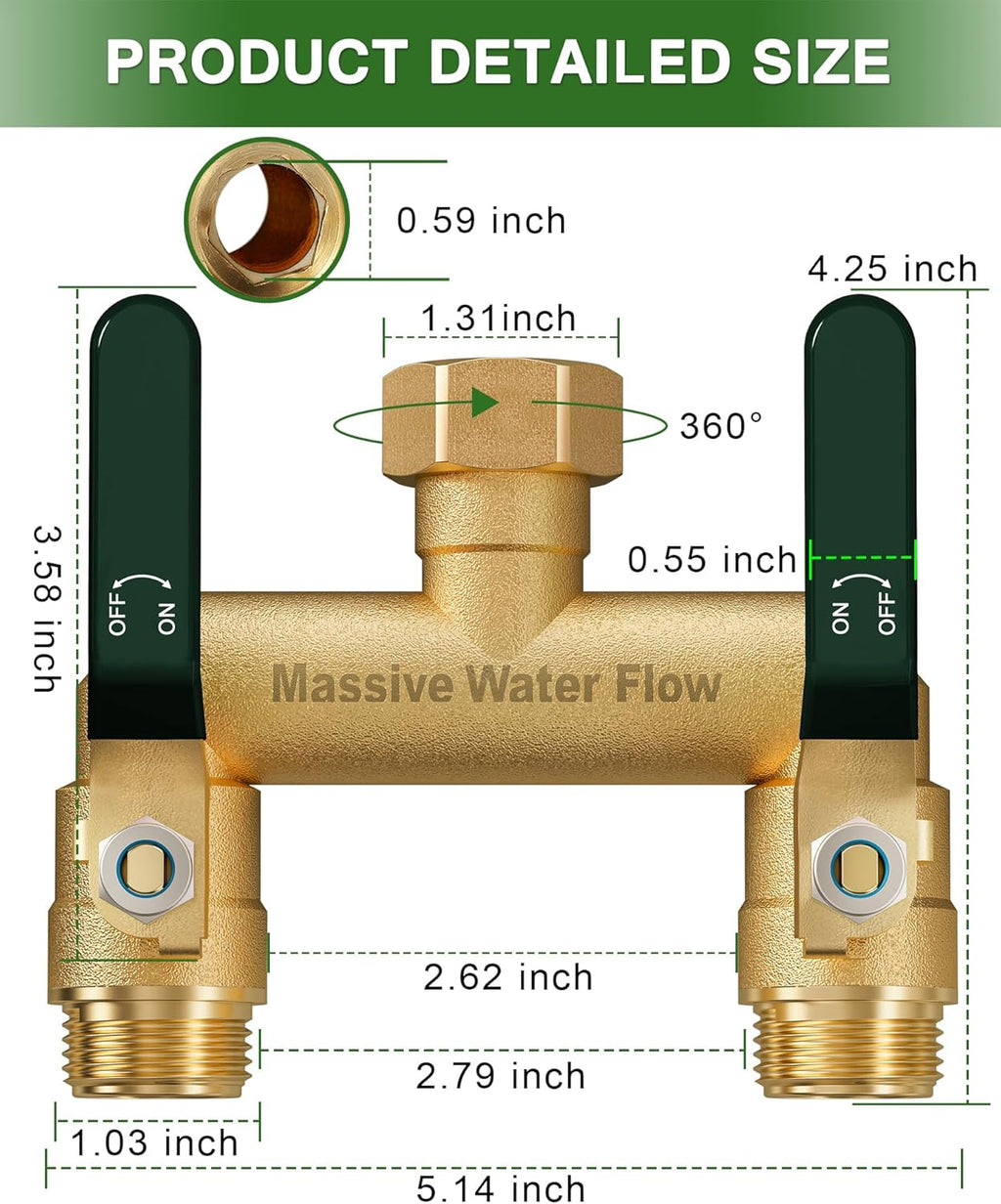 Hose Splitter 2 Way Heavy Duty, Full Flow Garden Hose Splitter with 2 Long Metal Handles, Brass Rust and Freeze