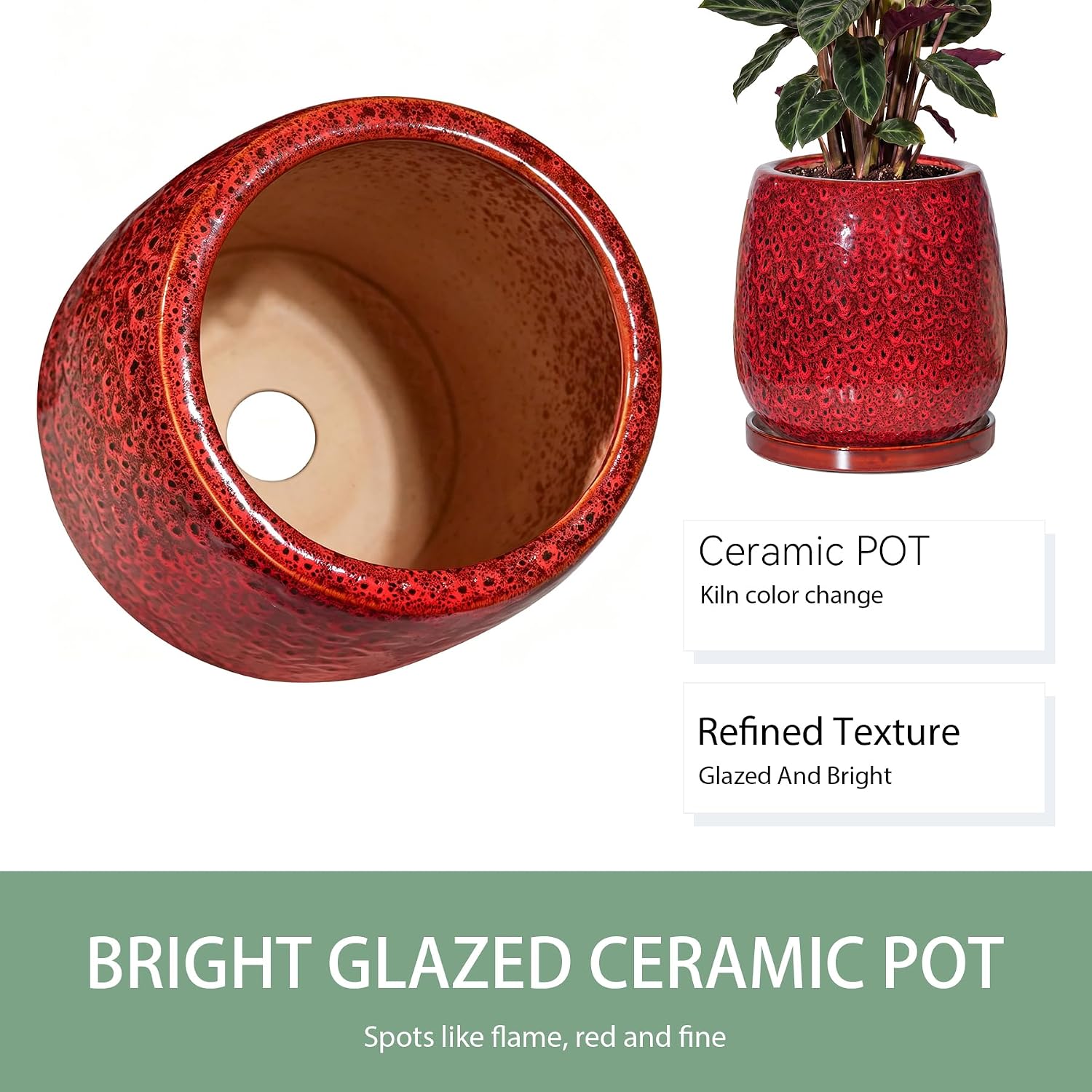 10.3 Inch Ceramic Glaze Plant Pot with Saucer, Flower Pots with Drainage Hole Mesh Net (Spot Red)