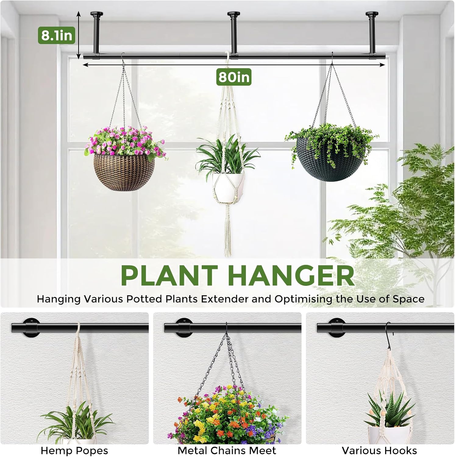 Window Plant Hanger Indoor, 80 Inch Heavy Duty Plant Hanging Rod | 1 Inch Metal Durable Hanging Plant Holder with Round