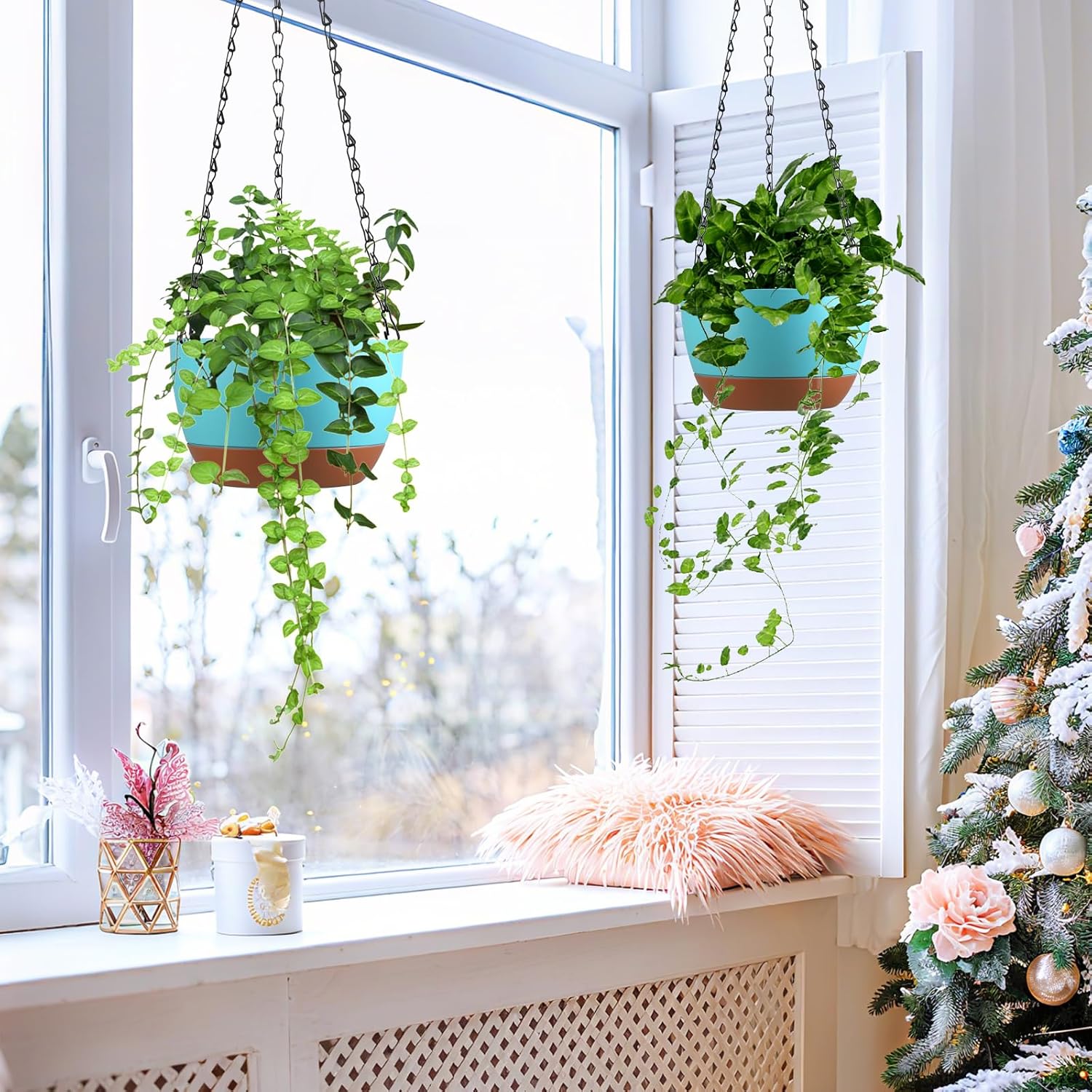 Set of 2-8 Inch Hanging Planters for Indoor Outdoor Plants | Self-Watering Hanging Flower Pots with Drainage Hole &