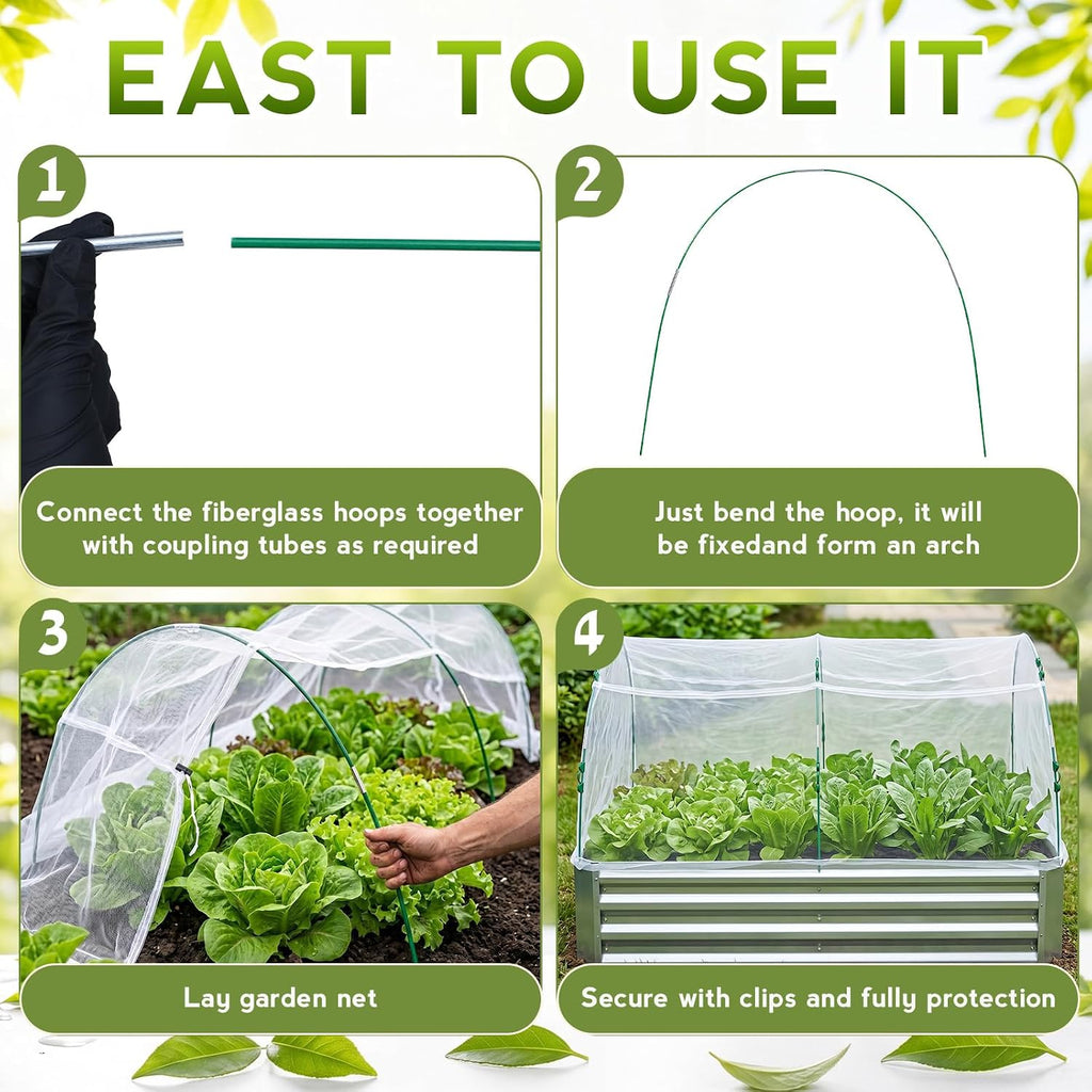 4 Pack Garden Netting Kit for Raised Beds 4x2ft Raised Garden Bed Net with Fiberglass Hoops Drawstring Clips for Plant