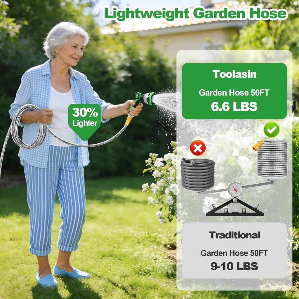 Garden Hose 50FT, Stainless Steel Metal Water Hose with 10-Function Nozzle | No-Kink, Leak-Proof, Wear-Resistant, 3/4