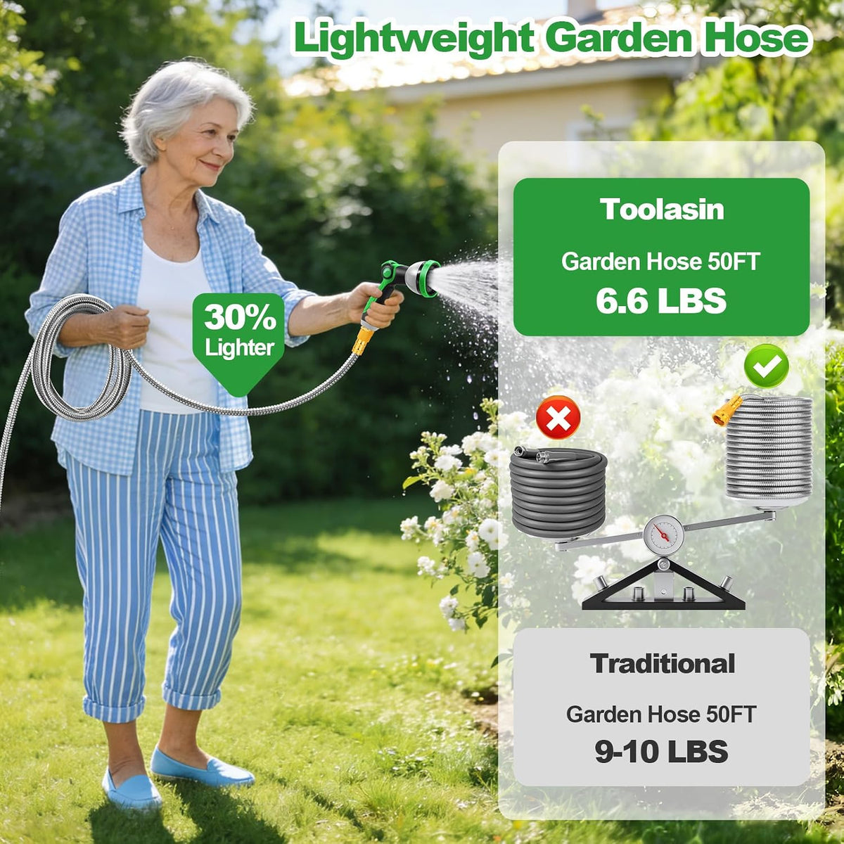 Garden Hose 50FT, Stainless Steel Metal Water Hose with 10-Function Nozzle | No-Kink, Leak-Proof, Wear-Resistant, 3/4