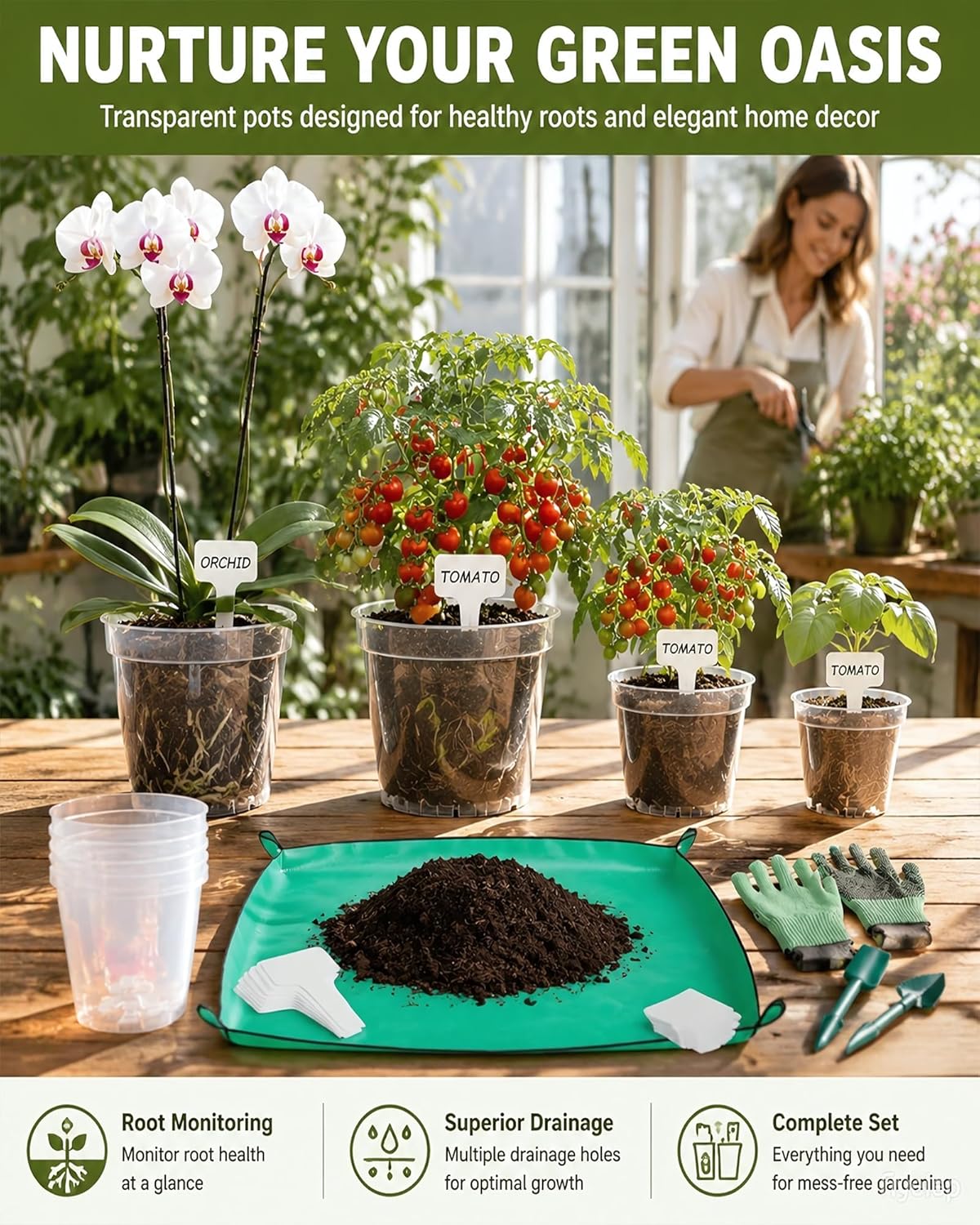 16 Pack 10/8/6/4 Inch Sizes Large Clear Nursery Pots with Drainage | Plastic Plant Pots with Garden Tools & Labels