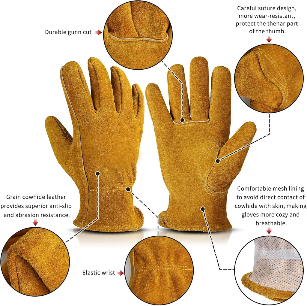 Leather Gardening Gloves for Men Women: Thorn Proof Cowhide Work Gloves | Garden Gloves for Yard Work, Reinforced Palm