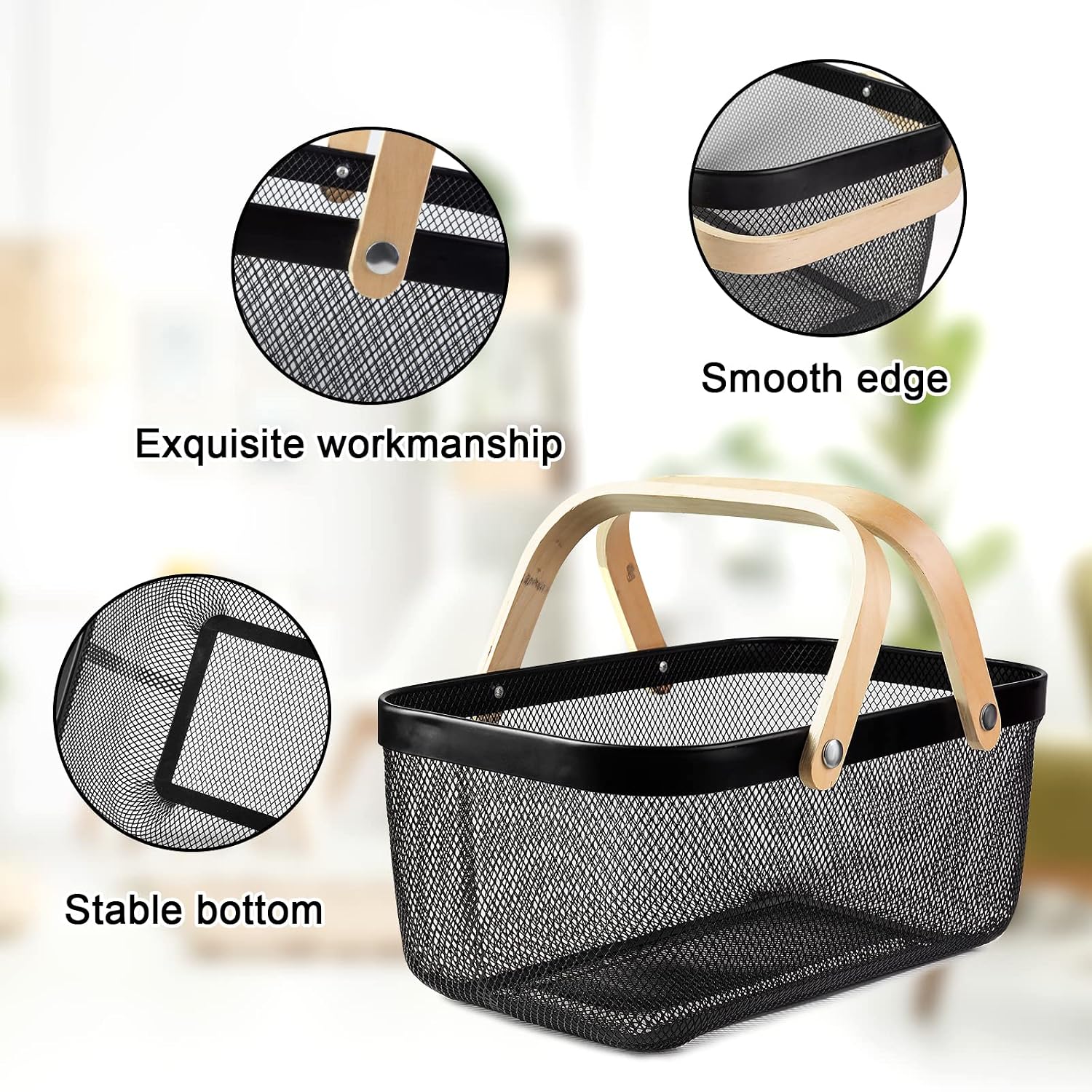 Portable Garden Harvest Basket-Mesh Design Natural Bamboo Handle Wire Storage Baskets,Mesh Basket with Handle Organize