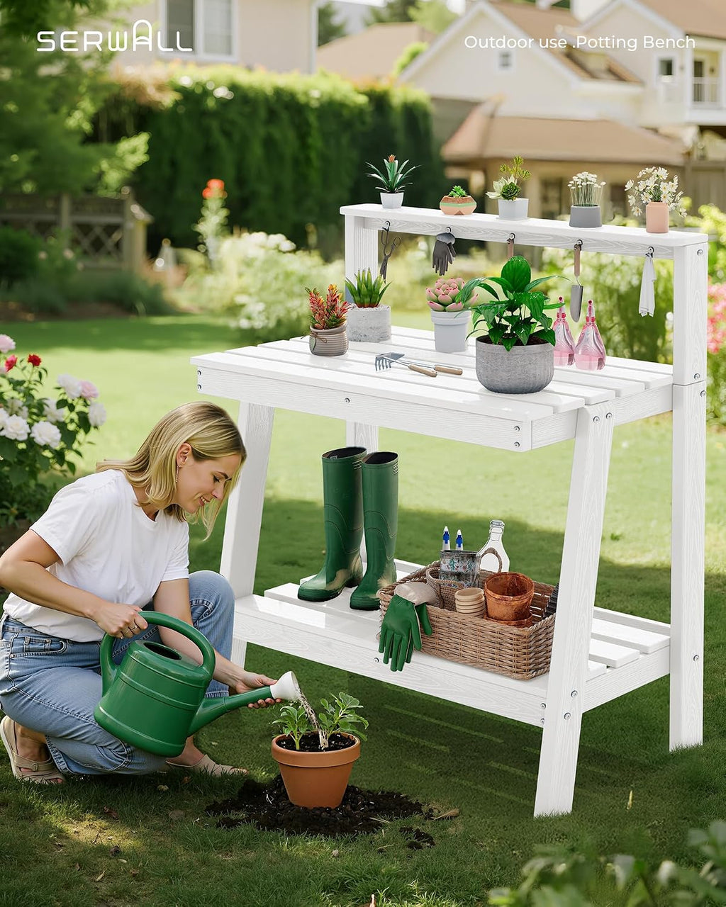 SERWALL 3-Tier Outdoor Potting Bench with Storage,Gardening Table,White,2PC | Waterproof HDPE Structure,Spacious