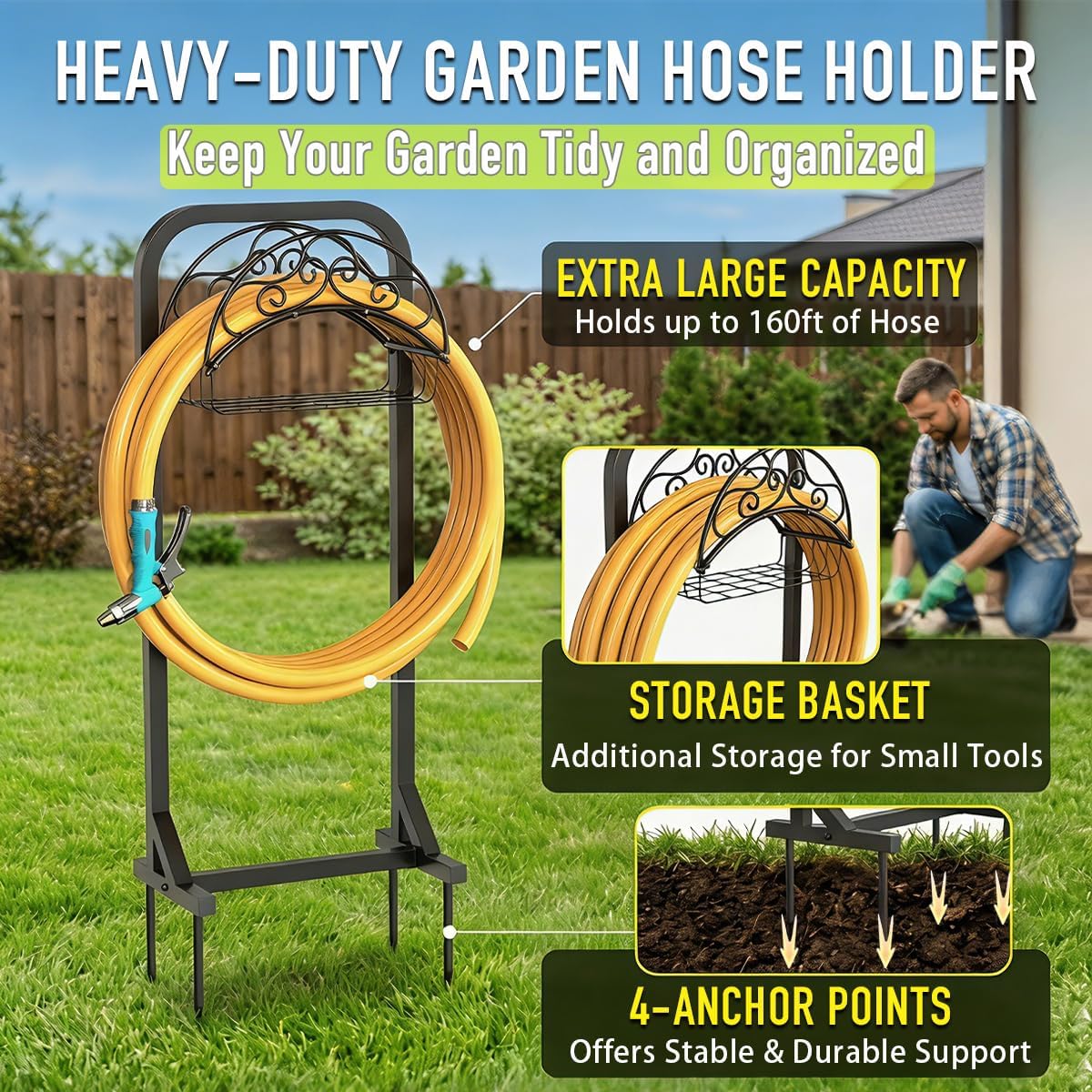 Garden Hose Holder Water Hose Reel Stand with Storage Basket Holds 160ft, Heavy Duty Freestanding Hose Stand with
