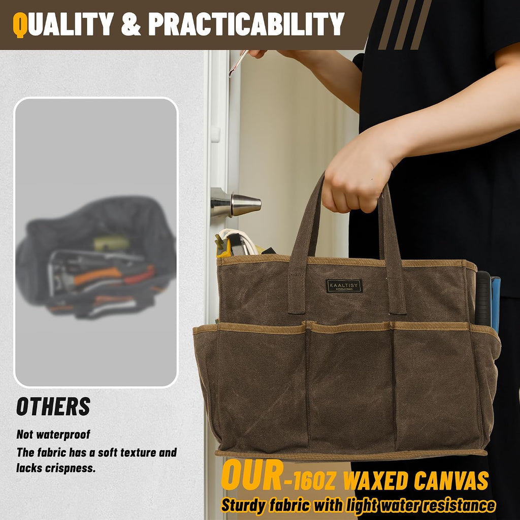 16OZ Waxed Canvas Tool Tote Bag for Garden Tools Wrench Set & Screwdrivers | 11-Pocket Garden Tool Bag with Portable