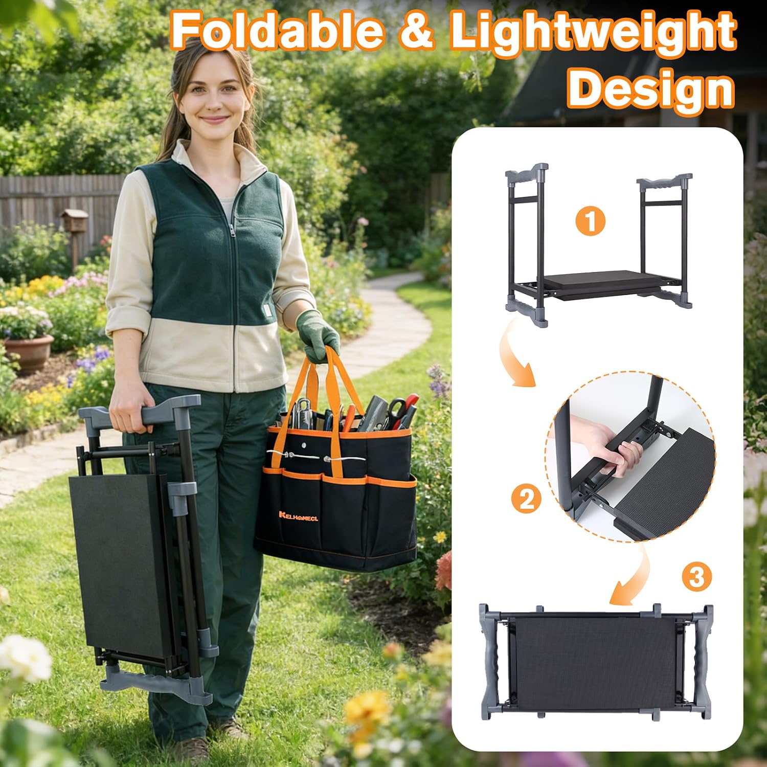 Garden Kneeler and Seat, Extra Wide Thick EVA Pad, Heavy Duty Foldable Garden Bench Holds 350lbs, Ergonomic Kneeling