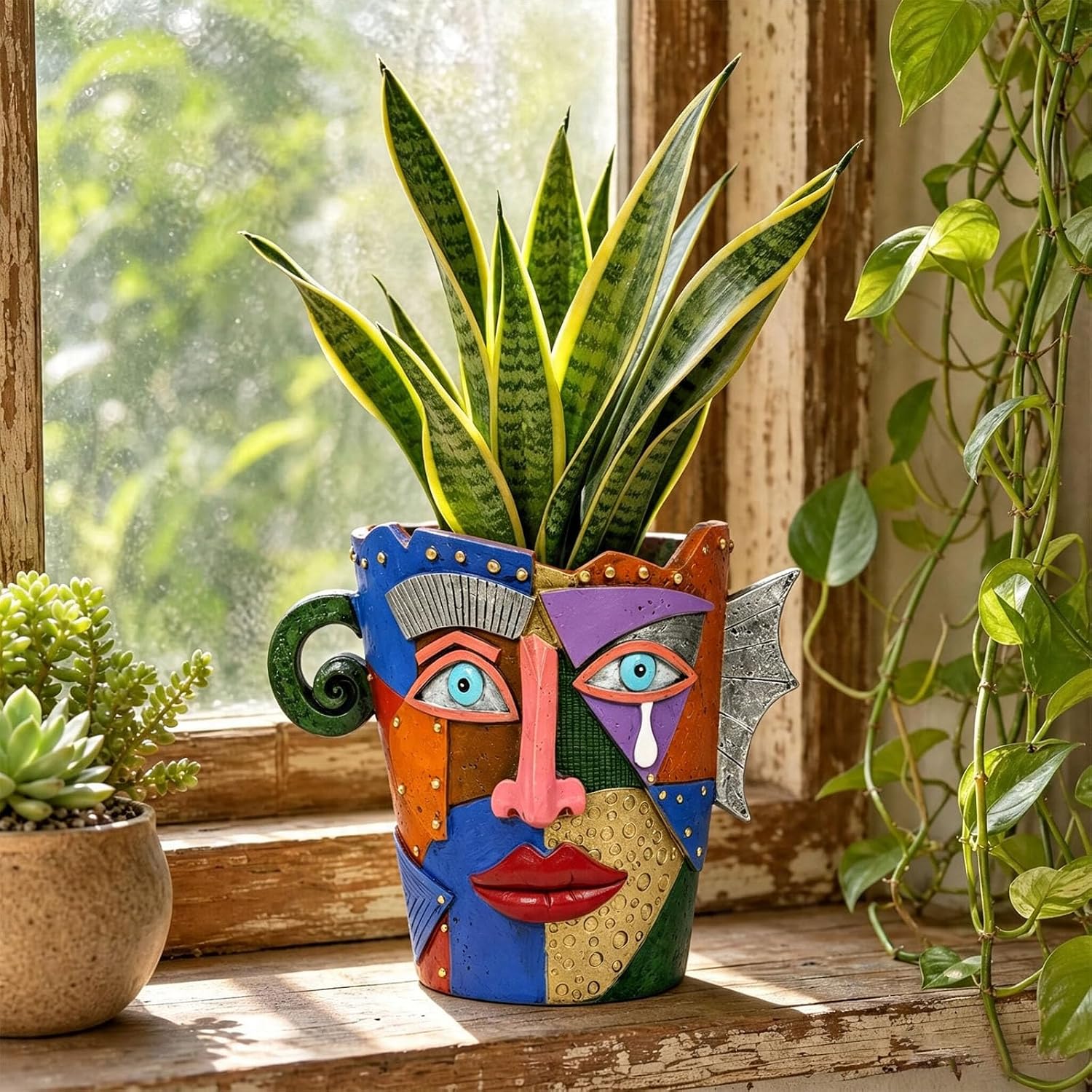 Picasso Abstract Face Planter, Resin Head Pot, for Indoor Outdoor | Handmade cubist planter with drainage hole for