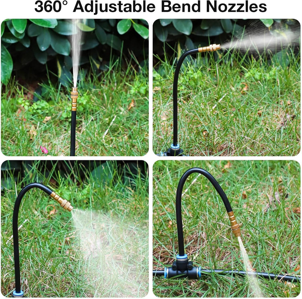 MIXC 1/4" 100Ft Drip Irrigation System for Garden with 16pcs 360°Adjustable Brass Nozzles & Bendable Rod,Upgraded