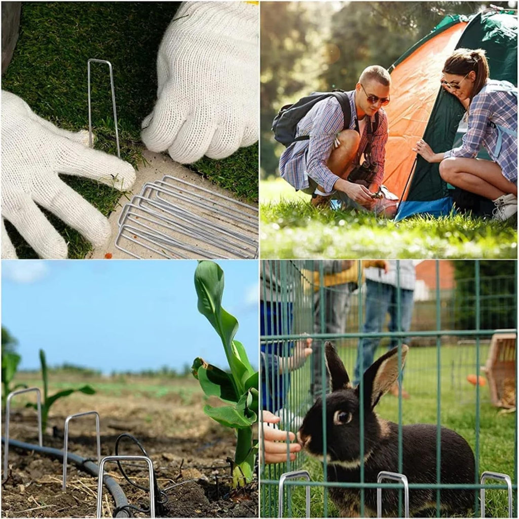 200Pcs Garden Stakes Staples + 200Pcs Gasket, 6 Inch Lawn Landscape Staples 11 Gauge U Shaped Galvanized Landscape