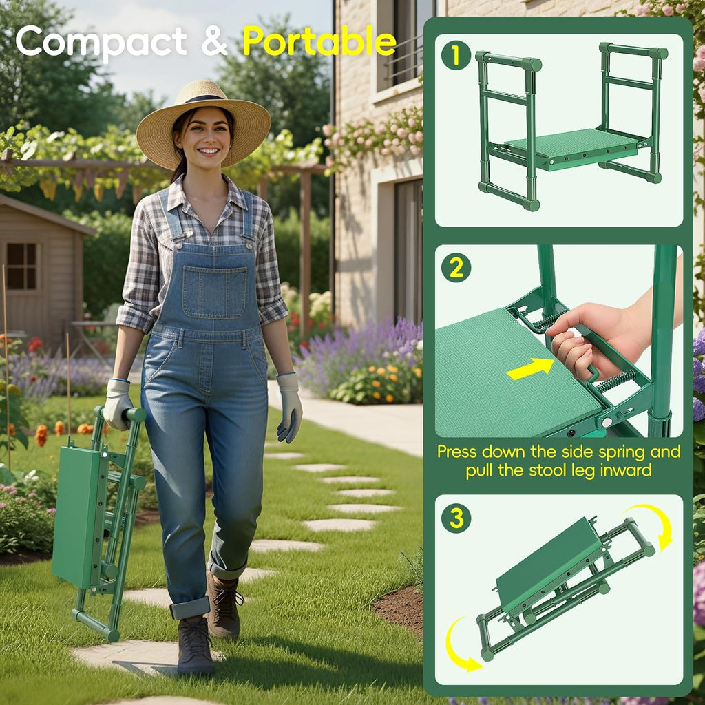 Housolution Garden Kneeler and Seat with Anti-Tipping Extendable Legs | Foldable and Portable Garden Stool with 2 Tool
